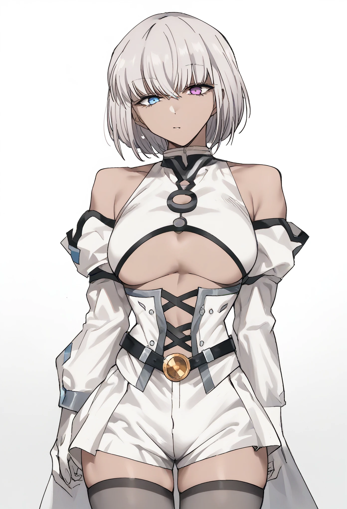 AlmaJudikhali dark skin, short hair, bob cut, grey hair, heterochromia, blue eyes, purple eyes white dress, bare shoulders, medium breasts, clothing cutout, underboob cutout, corset, cross-laced clothes, detached sleeves, white gloves, braclet, belt, belt buckle, short shorts, white shorts, grey thighhighs