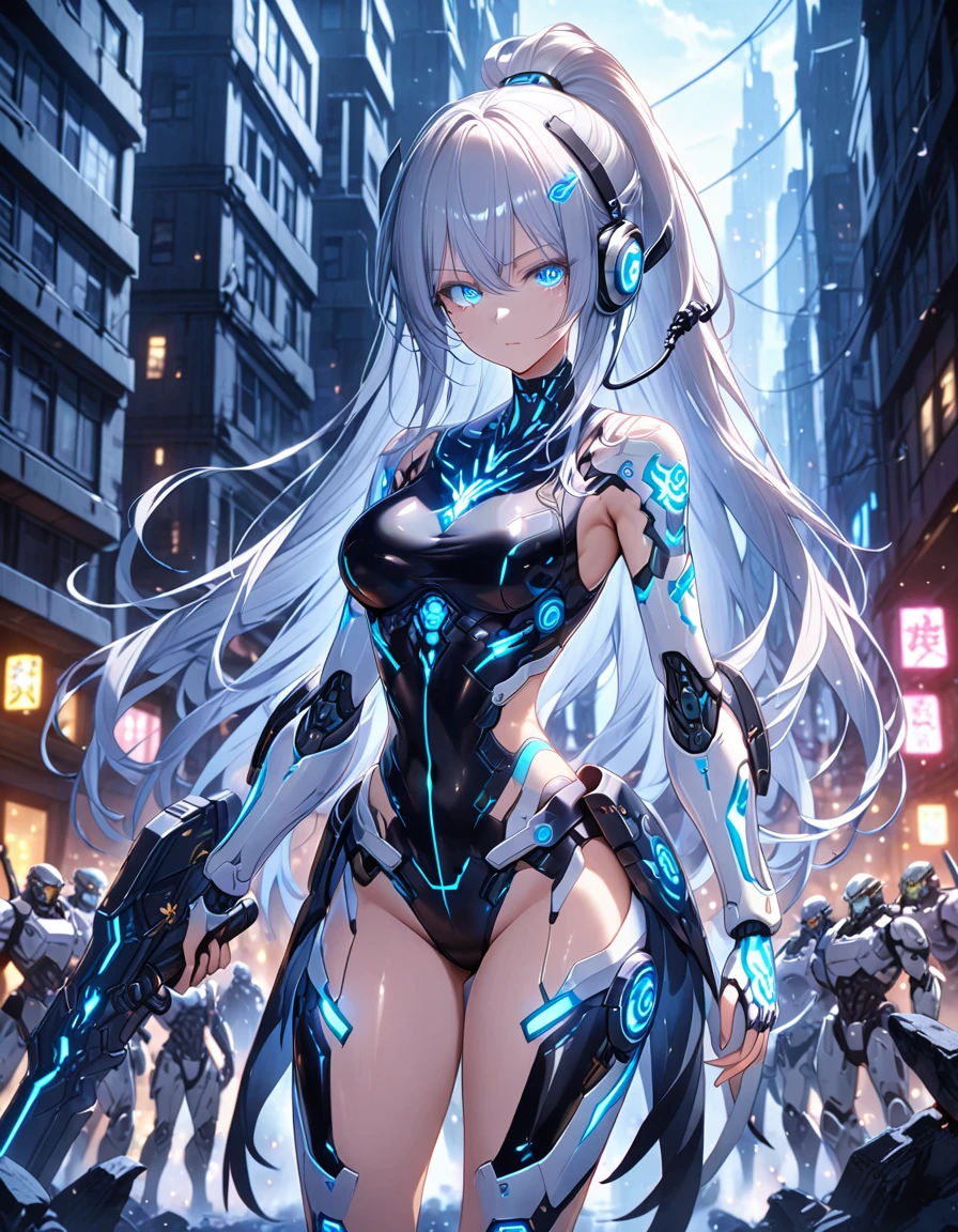 cowboy shot, cyberpunk mecha girl with long black and white ponytail hair, detailed mechanical body with glowing exoskeleton, headphone gear, booster units, wielding massive weapon, battling in ruined city at midnight, surrounded by numerous enemies, high resolution, ultra-detailed 64K CG, best quality, extremely shiny skin, beautiful detailed face, beautiful detailed eyes, perfect anatomy, perfect toes, perfect arms, perfect fingers, perfect legs, extremely detailed background