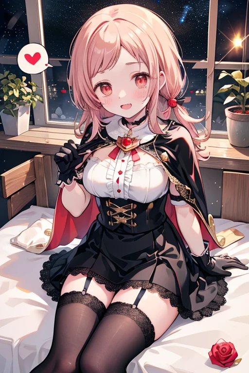 Sakuragi Mano, (fangs : 1.38),　vampire, ((Mega Breasts)),　(Black lace knee socks : 1.5),　 (garter belt),　((Black Fishtail Skirt)),　(((Starry Sky))), Absolute territory,　Red eyes,　smile, 　(Midnight),　　Princess,　　Fluffy,　(Healing),　　 hair accessories ,　　((Red Cape)),　corset,　(((Gold trim))), (((gold star print))), (red star print),　bedroom, (black gloves : 1.5),　 sitting on bed, Frills,　 ((a little white pigeon)), ((feathers)),　brooch, Holding a stuffed bird toy,　Crewneck, (((red juice in a glass))), (((wariza))), medium hair, best quality, masterpiece, blush, red rose, flowerpot, white blouse, ((spoken heart)), (((Pink heart effects))), ((red rose accessory)), pigeon's blood ruby accessory, , dark, light brown hair, 　outside curling hairstyle, side fringe, (forehead : 1.28), stand collar, dragon wing, left-right symmetry fashion, white pigeon doll,