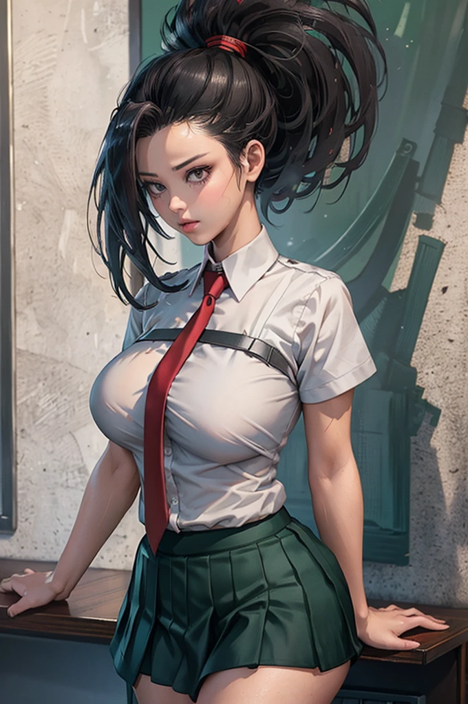 realistic 1.2, masterpiece, best quality,  highres ,  a girl,  yaoyorozu momo ,  black hair ,  ponytail , Hair pulled back, black eyes,   big boobs,  School uniform, white shirt,  collared shirt ,   short sleeves, Red tie, green mini skirt, standing, cowboy shot,  inside the house ,  classroom ,