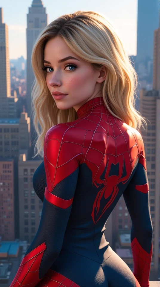 (masterpiece, best quality, highres:1.2), (photorealistic:1.2), (intricate and beautiful:1.2), (detailed light:1.2), (soft lighting, side lighting, reflected light), (colorful, dynamic angle), 1 girl, (gwR face), (fluxspgw3n spider woman suit), absurdly beautiful, woman, young, blonde hair, perfect face, makeup, detailed hair, perfect face, perfect lips, perfect eyelashes, SpiderGwen is a blond short hair woman is turning her back to the viewer on top of a  building