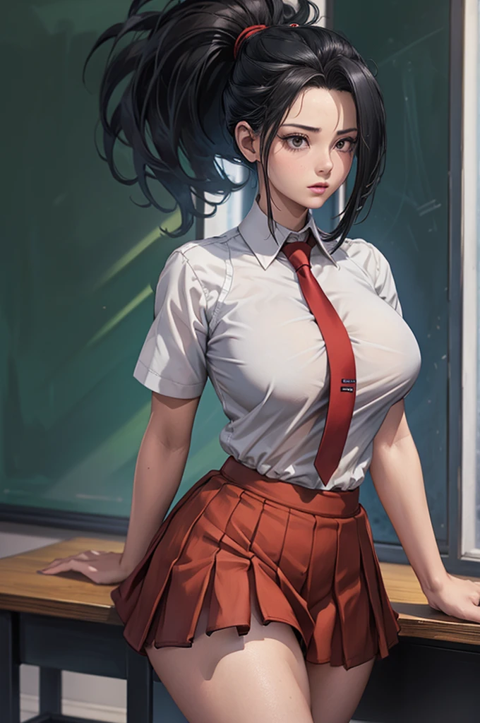 realistic 1.2, masterpiece, best quality,  highres ,  a girl,  yaoyorozu momo ,  black hair ,  ponytail , Hair pulled back, black eyes,   big boobs,  School uniform, white shirt,  collared shirt ,   short sleeves, Red tie, green mini skirt, standing, cowboy shot,  inside the house ,  classroom ,