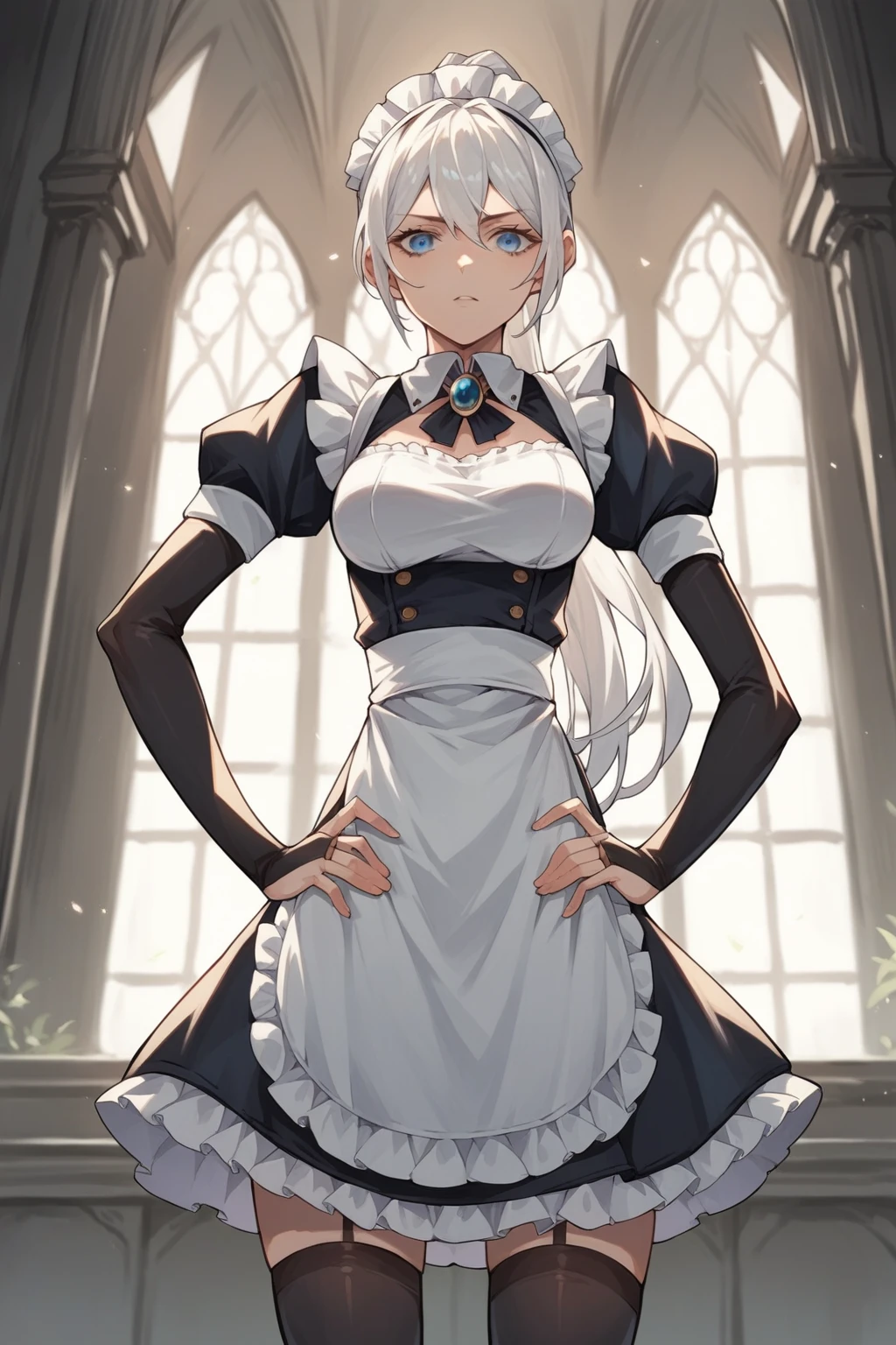 score_9, score_8_up, score_7_up, source_anime, 1girl feliciadef, white hair, ponytail, blue eyes, maid headdress, brooch, maid apron, black thighhighs, bridal gauntlets,  mansion, hands on hips, assertive