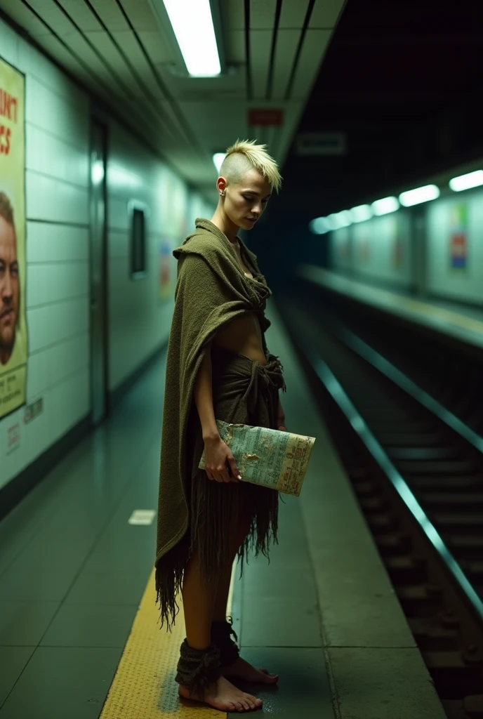 a lone, fiercely thin nordic woman with spikey blonde asymmetrical pixie-cut hair shaved on one side stands under the cold fluorescent lights of an empty subway platform, her shoulders hunched slightly, as if weighed down by the unfamiliar surroundings. She wears a torn and moth eaten shawl wet and dripping onto the ground, her barefeet rapped in strips of fur. Her exposed ears are natural and free from any earrings or jewelry. Her warrior face is etched with weariness from battle, her lips are apart with a look of desparation in her eyes. Her bruised and scratched body is glistening with sweat. The camera angle is slightly tilted in the style of Jan de Bont, giving the scene a disorienting feel. The tracks stretch into the darkness, and the hum of the city feels distant, disconnected. She clutches a discarded metro map, unsure of where to go next. A single flickering light overhead adds to the sense of unease, while the walls reflect a faint green tint from old advertisements peeling off. 