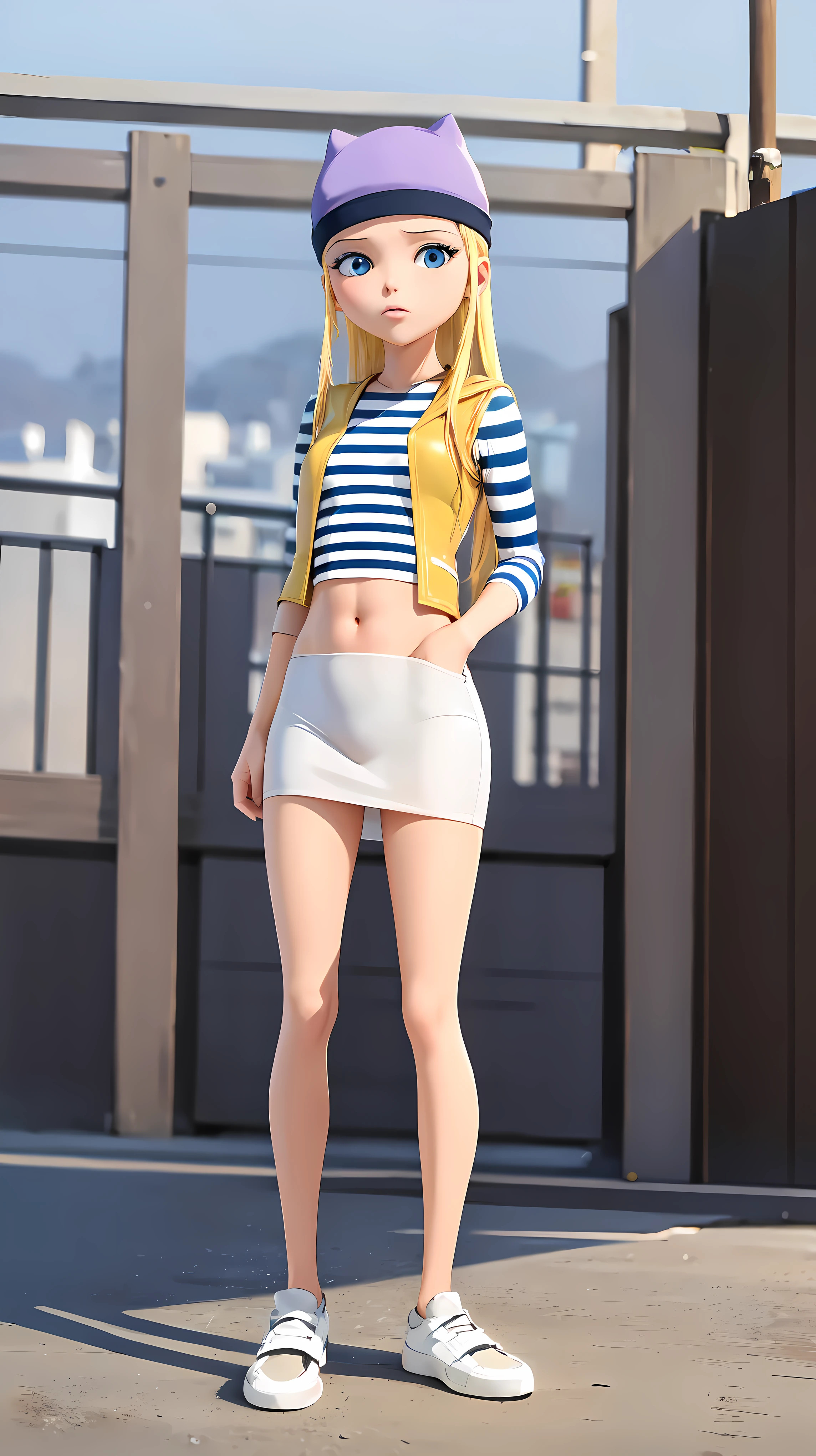 (8k, RAW photo, best quality, masterpiece:1.2), (intricate details), highres, perfect eyes, perfect face, perfect lighting, beautiful, (masterpiece:1.2), (best quality:1.2), 1girl, solo, chloe, blue eyes, blonde, sunglasses on the head, yellow beanie, yellow vest, white miniskirt, black white striped shirt, long yellow socks, navel shirt, white sneakers