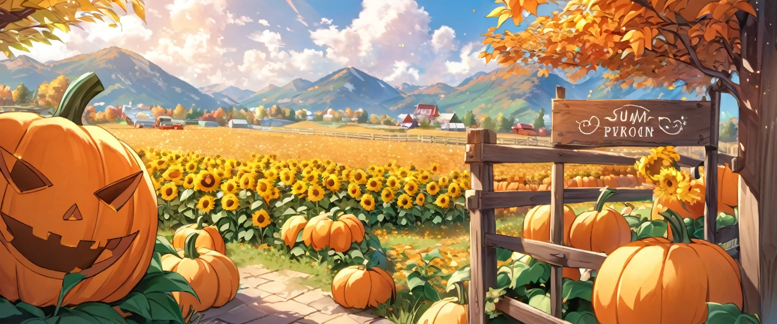 cozy autumn scene in a pumpkin patch on a sunny late afternoon. In one corner, a small, cheerful pumpkin named Pip sits with a playful expression, laughing heartily. Pip's eyes are squinting, his mouth open wide, mid-burp, looking absolutely delighted. Around Pip, a few other pumpkins, each with light, friendly faces, chuckle along with him, adding to the joyous atmosphere. In the background, a rustic wooden fence runs along the edge of the patch, with tall sunflowers standing proudly behind it, adding a bright yellow contrast to the autumnal orange tones. To the left side, a wooden signpost with various arrows points in different directions, and one arrow near Pip reads, “Pip the Pumpkin.” On the opposite side of the patch, another collection of pumpkins sits, balancing the scene. The warm colors of the pumpkins, sunflowers, and leaves, combined with soft shadows from the afternoon light, create a welcoming and playful vibe that captures the spirit of autumn and the lighthearted charm of Pip’s antics.