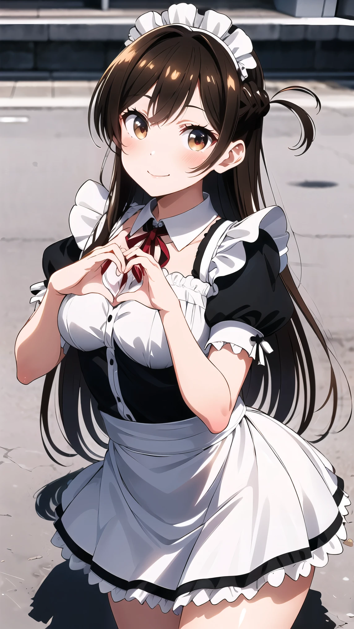 (((maid cafe))), ((heart hands)),、((anime,ANIME SCREENCAP,black outline,sharp focus,intense shadow)),(masterpiece),(Best Quality),( very detailed),( high resolution),8k,Detailed skin、 perfect face、 perfect body、 wallpaper, head、( attractive random pose with curvy thighs)、smile、(aachizuru, long hair,  One Side Up , neck ribbon, pink shirt, short sleeves, white skirtaachizuru)、 Cute face,  thin waist、Curvy thighs,(shiny skin,  Glowing Skin ,  oily skin shiny skin)、 cowboy shot