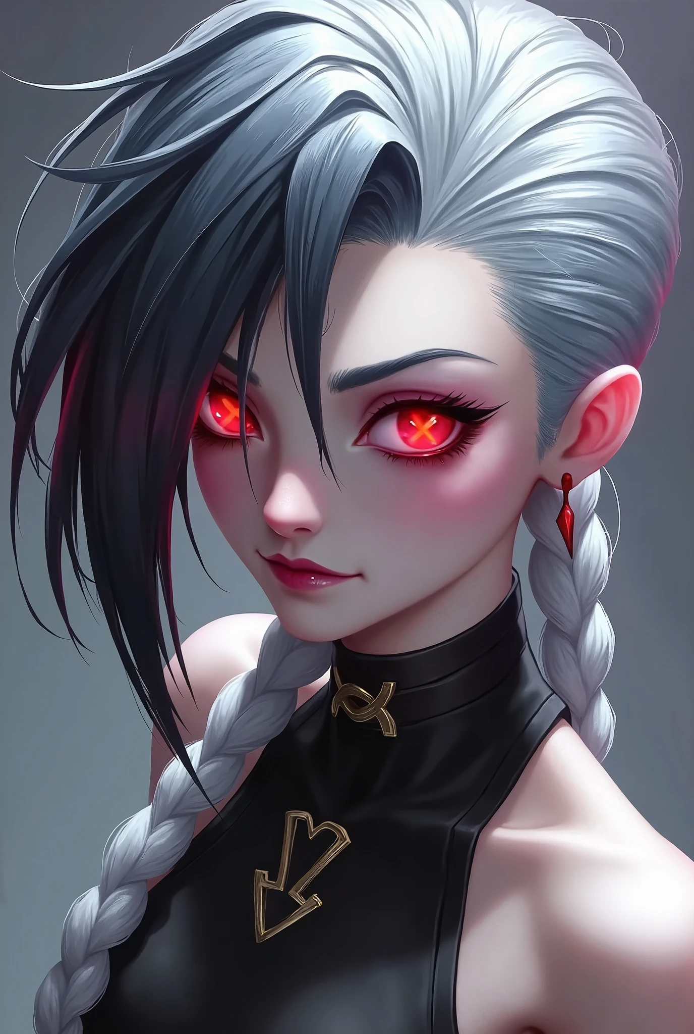 jinx，White hair，Black Hair，Colorful Hair，short hair，Straight Hair，White hair long braid，Glowing red eyes，Red X pupil（focus），