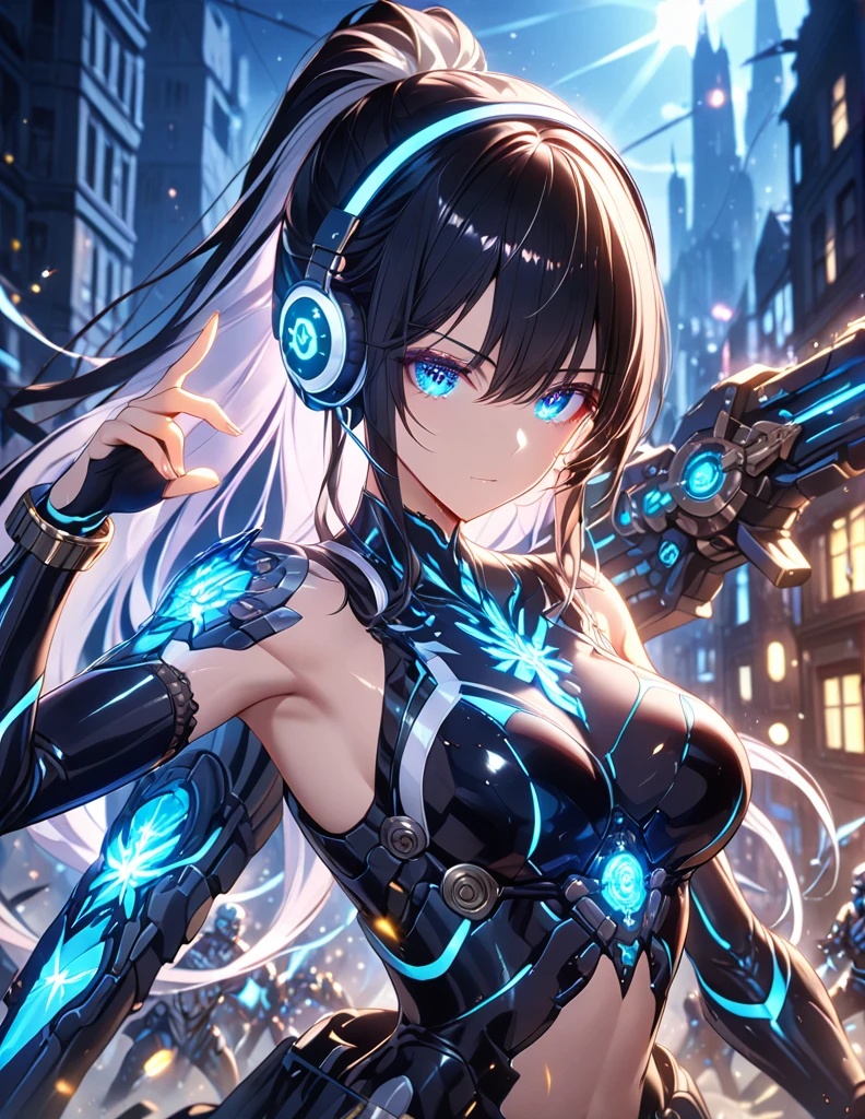 focus on upper body, Battle scene, stylish combat action pose, steampunk mecha girl with long black and white ponytail hair, detailed mechanical body with glowing exoskeleton, headphone gear, booster units, wielding massive weapon, battling in ruined city at midnight, surrounded by numerous enemies, high resolution, ultra-detailed 64K CG, best quality, extremely shiny skin, beautiful detailed face, beautiful detailed eyes, perfect anatomy, perfect toes, perfect arms, perfect fingers, perfect legs, extremely detailed background, Glitter effect, lens flare, chromatic aberration, movie light effect, fluorescence, reflected light, ray tracing