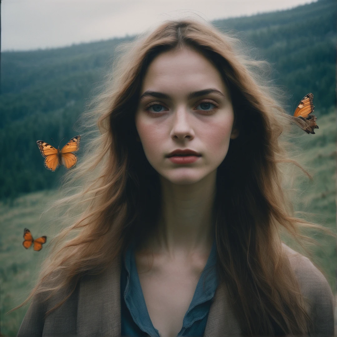 close-up headshot of ((ohwx woman)), ,a girl alone, dark night, film grain, depth of field, analog film style, vivid color, 1girl,  upper body, only her face, rostro destapado, cara descubierta
(looking at  the viewer:1.1),
long hair, blond,   plaid skirt, fog, (night, dark, dark photo, grainy, dimly lit:1.3),  best quality, high quality, (realistic), (absurdres:1.2), UHD, ultrarealistic, noise,
soft skin,  (flying butterflies:1.2),
long messy hair,
film grain, depth of field, analog film style,
editorial photo,  woman,
(best quality:1.2), absurdres, BLOOM, fog,
shot on Fujifilm Superia 400, Short Light,  32k, cinematic composition, professional color grading, film grain, atmosphere, wondrous, very sunny,
motion blur, only her face, face close up, sin cabelllo en la cara, rostro libre