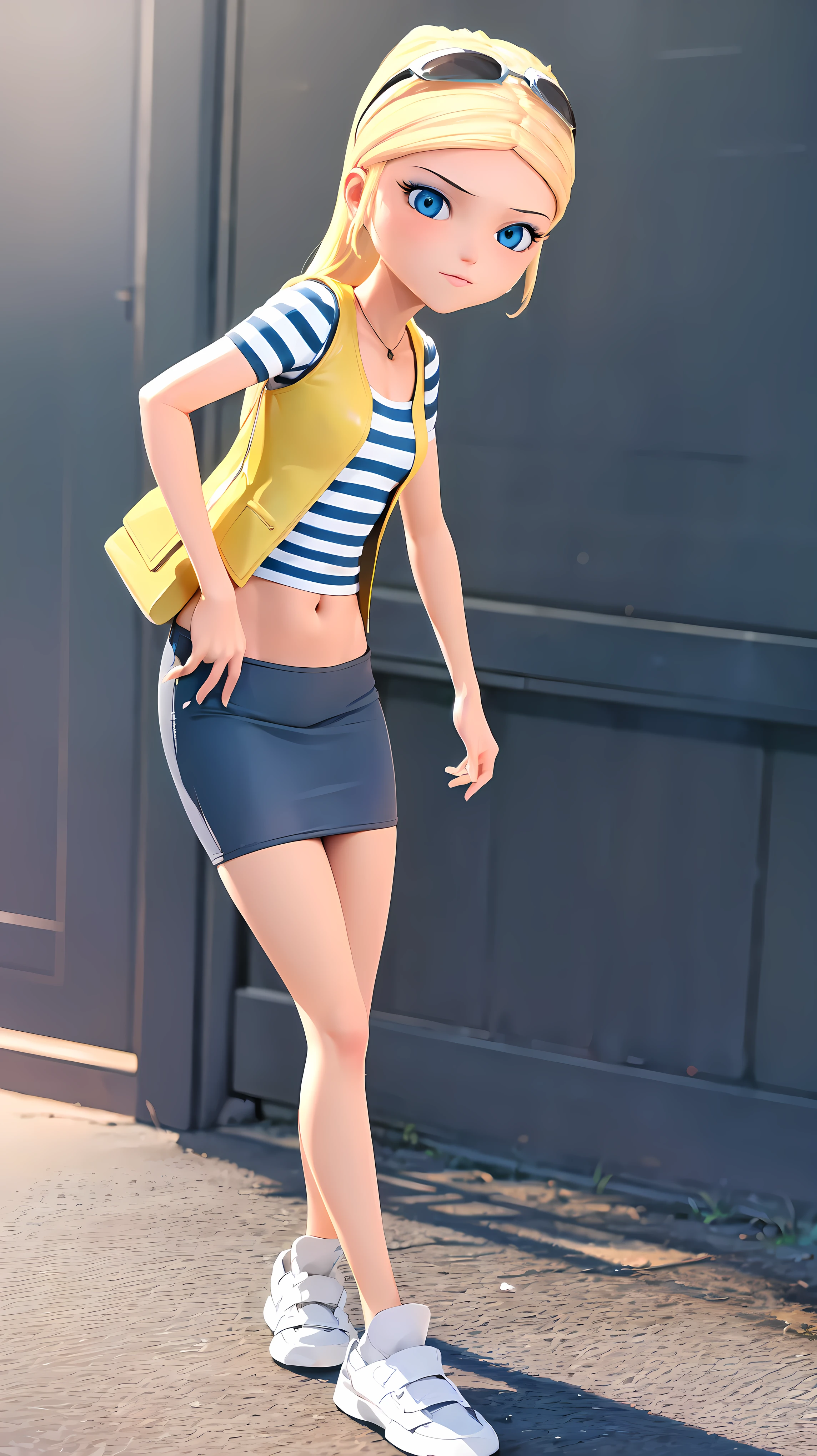 (8k, RAW photo, best quality, masterpiece:1.2), (intricate details), highres, perfect eyes, perfect face, perfect lighting, beautiful, (masterpiece:1.2), (best quality:1.2), 1girl, solo, chloe, blue eyes, blonde, sunglasses on the head, yellow beanie, yellow vest, white miniskirt, black white striped shirt, long yellow socks, navel shirt, white sneakers