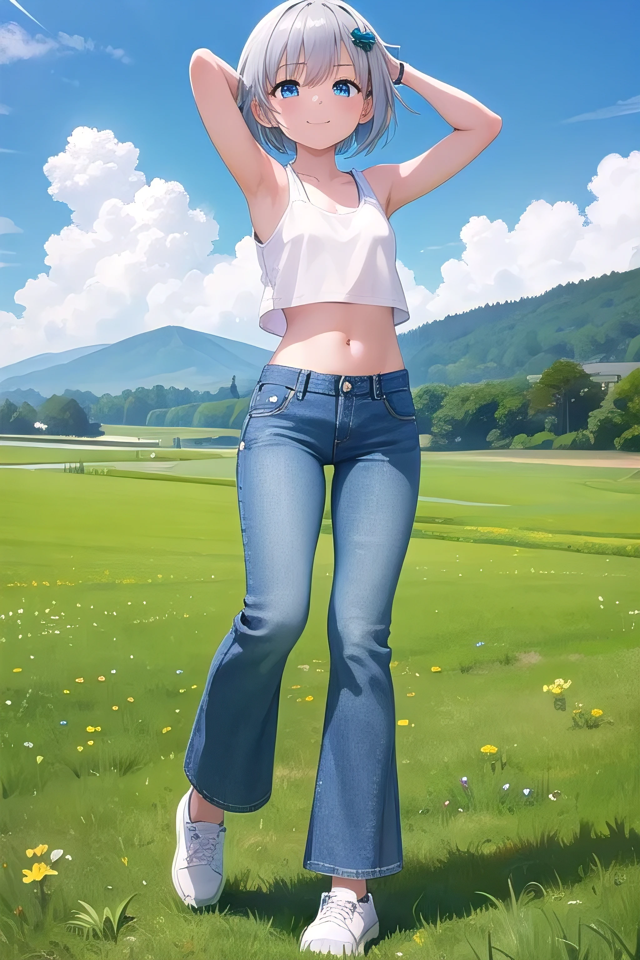 Girl, Black hair,pink hair strand, short hair, 8k resolution, detailed image,realistic body, ultra realistic quality, high quality image, light reflection, shadow, leg pants, bare breasts exposed,full body, (open field! pink and blue flowers bright green grass, sunlight) easy expression Smiling, realistic, breasts, thighs, standing, with hand on breast.