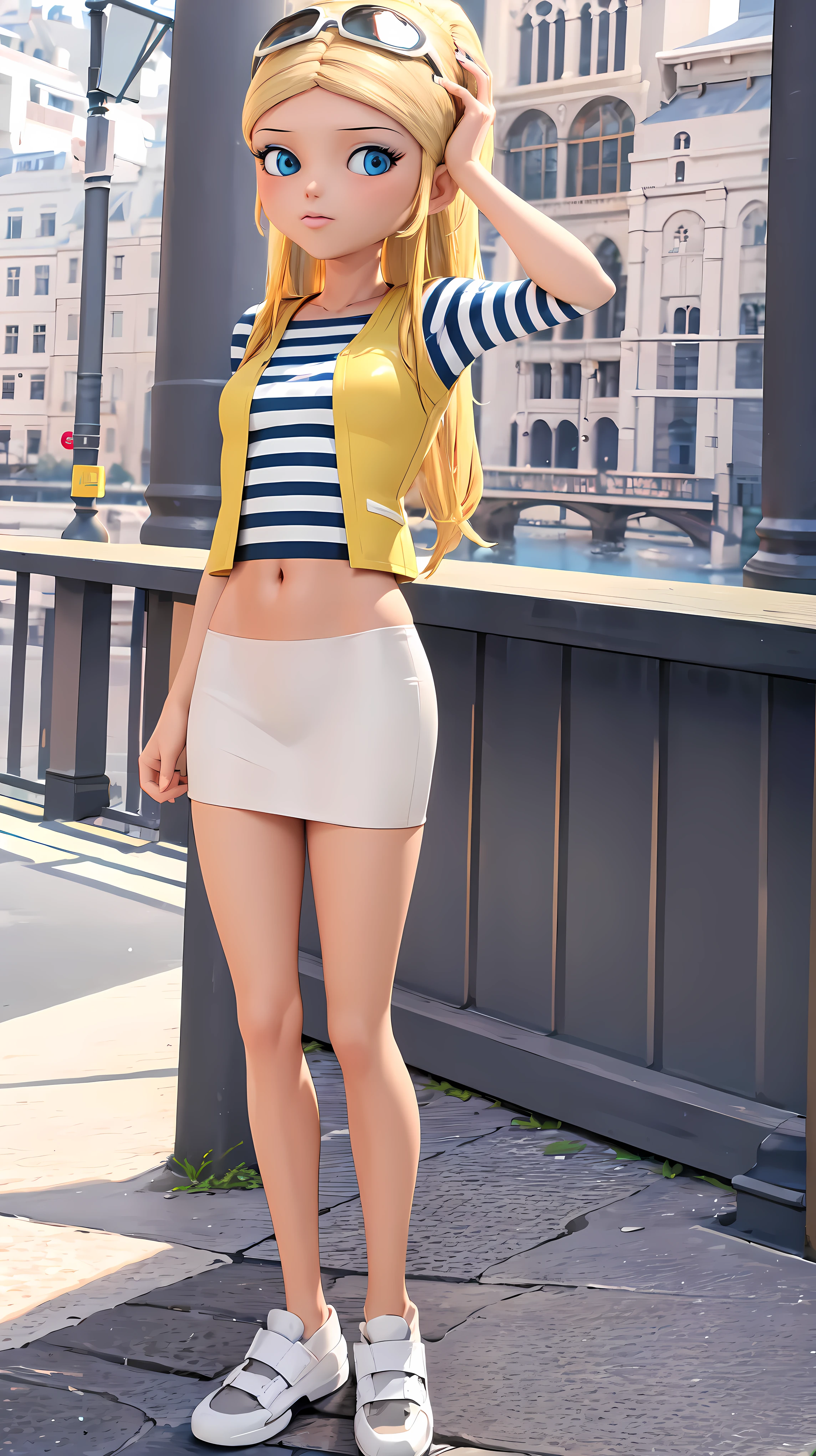 (8k, RAW photo, best quality, masterpiece:1.2), (intricate details), highres, perfect eyes, perfect face, perfect lighting, beautiful, (masterpiece:1.2), (best quality:1.2), 1girl, solo, chloe, blue eyes, blonde, sunglasses on the head, yellow beanie, yellow vest, white miniskirt, black white striped shirt, long yellow socks, navel shirt, white sneakers