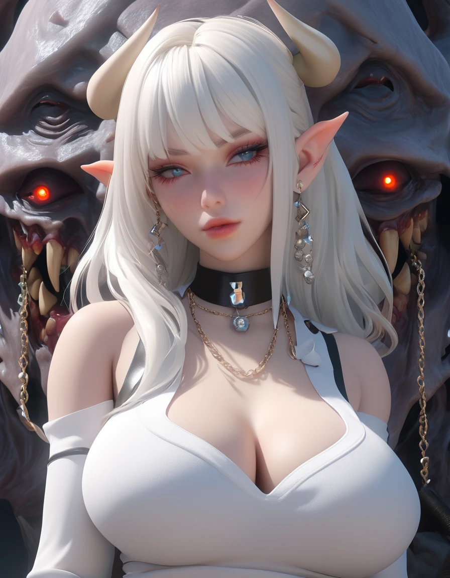 image 8k, Selfie in gigantic breasts, albino demon girl with lethargic and sleepy smoky white eyes, straight hair with white bangs, bug eyes, antenna, ((open collar shirt showing gigantic breasts:1.25)), ((underboobs)), (small horn: 1.2) best quality, highest quality, extremely detailed CG unity 8k wallpaper, detailed and intricate, horizontal body, ((transparent clothes)), choker, little chains, ear piercing,