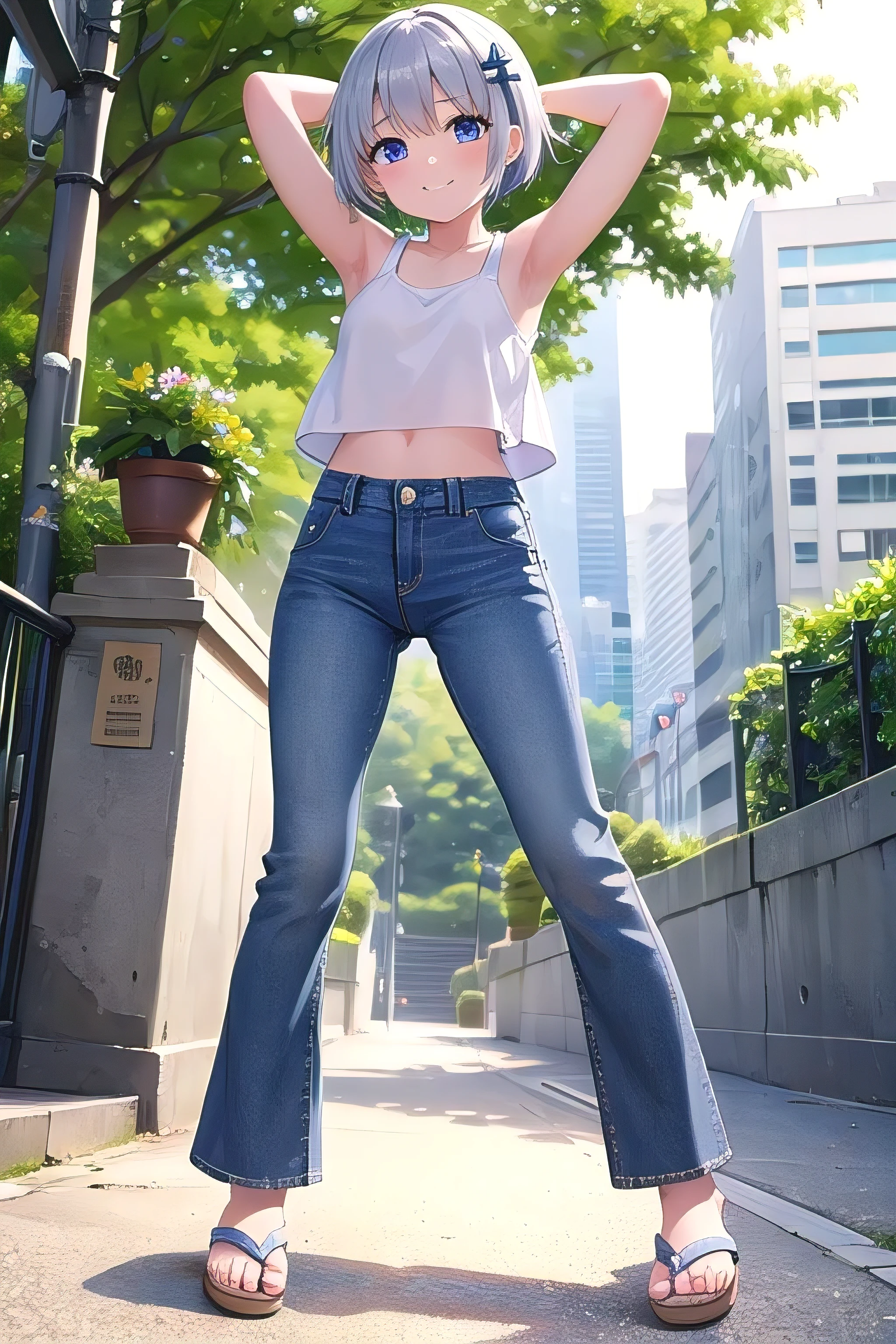 masterpiece,best quality,ultra detail,1girl, ****,petite,smile happy, city garden, bright, sunshine, short hair, blue eyes, silver hair, hair ornament, ribbon hair ornament, Raise your arms and behind your head,White teeth, white tank top, croptop, jeans pants, (flares jeans 1:1), blue jeans, slippers, whole body,