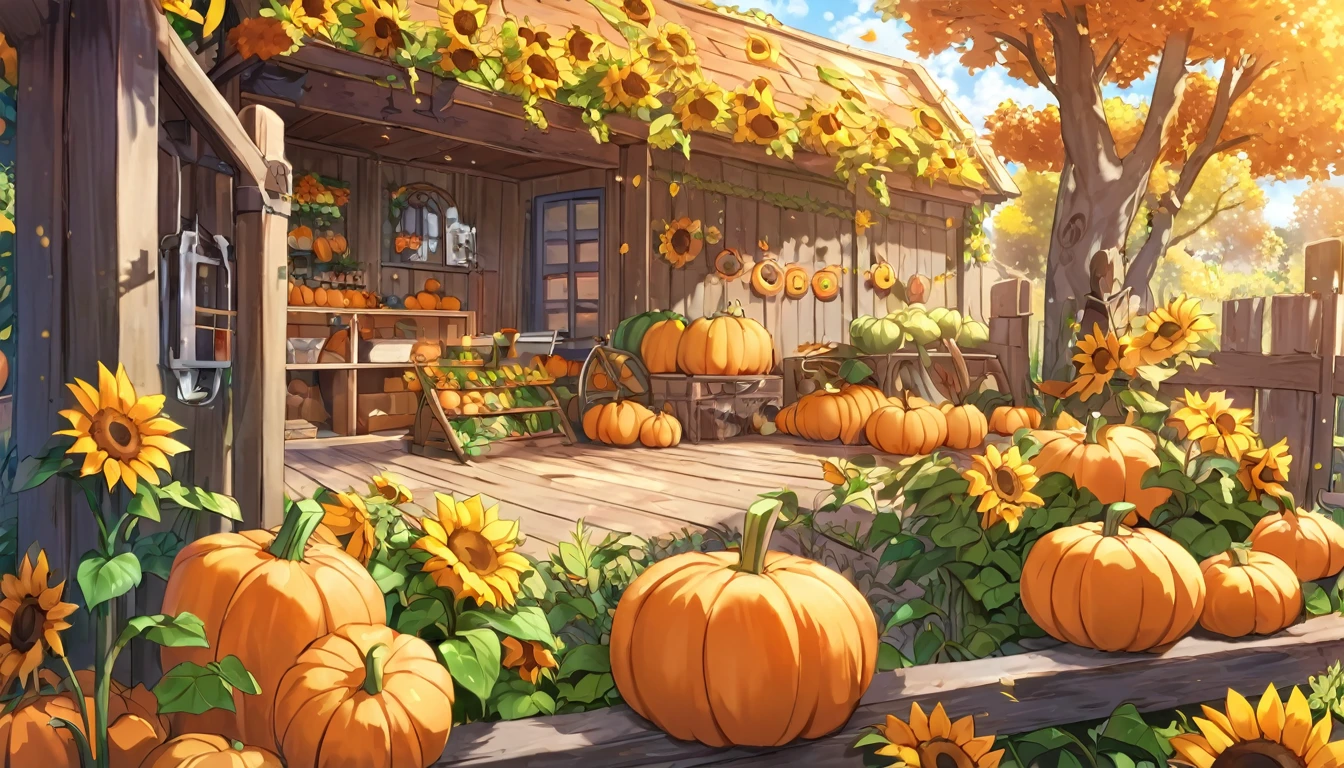 cozy autumn scene in a pumpkin patch on a sunny late afternoon. In one corner, a small, cheerful pumpkin named Pip sits with a playful expression, laughing heartily. Pip's eyes are squinting, his mouth open wide, mid-burp, looking absolutely delighted. Around Pip, a few other pumpkins, each with light, friendly faces, chuckle along with him, adding to the joyous atmosphere. In the background, a rustic wooden fence runs along the edge of the patch, with tall sunflowers standing proudly behind it, adding a bright yellow contrast to the autumnal orange tones. To the left side, a wooden signpost with various arrows points in different directions, and one arrow near Pip reads, “Pip the Pumpkin.” On the opposite side of the patch, another collection of pumpkins sits, balancing the scene. The warm colors of the pumpkins, sunflowers, and leaves, combined with soft shadows from the afternoon light, create a welcoming and playful vibe that captures the spirit of autumn and the lighthearted charm of Pip’s antics.