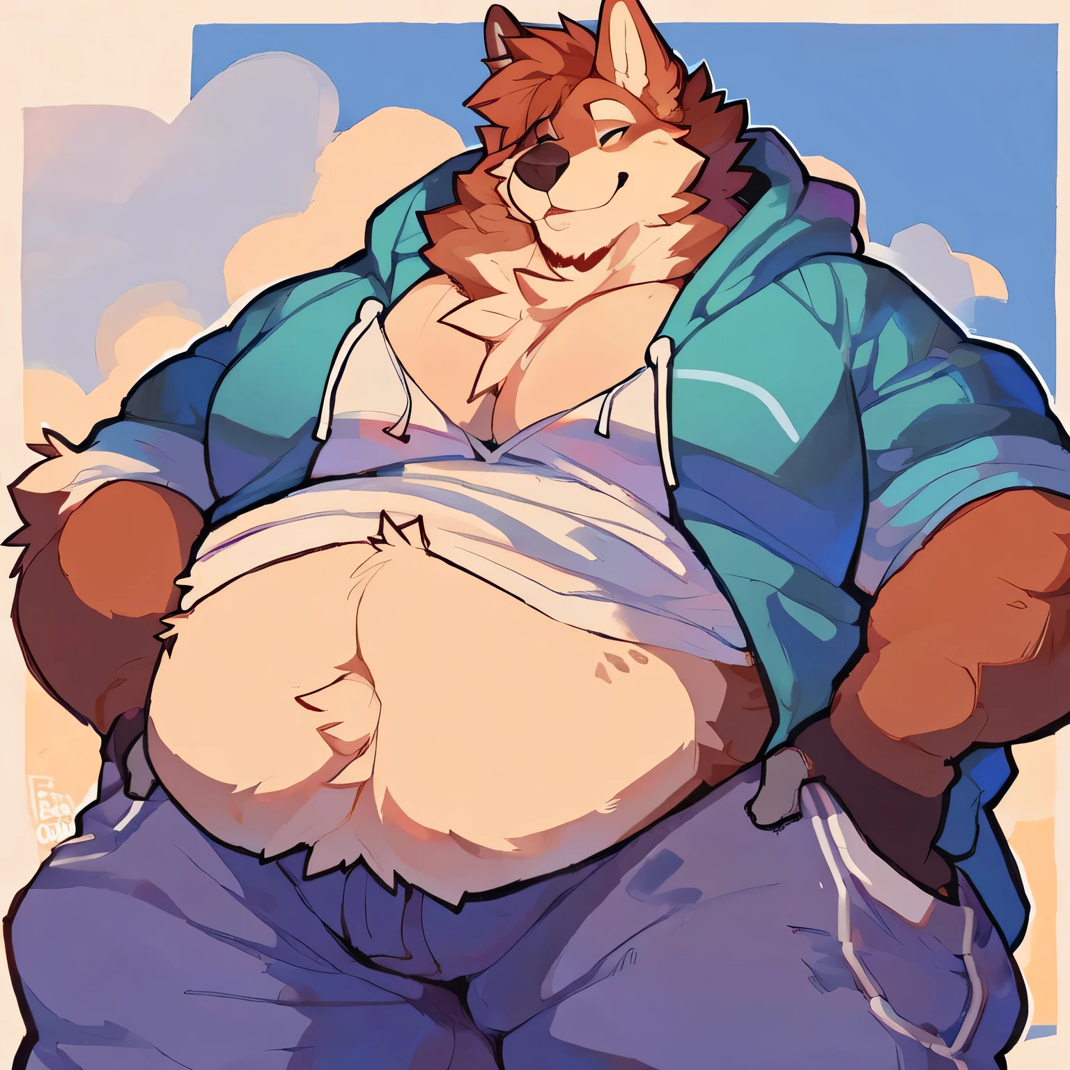 solo, male, 1 boy, fat, obese, rolls, thick thighs, massive thighs, big belly, rounded belly, massive belly, love handles, big pecs, rounded pecs, bulging pecs, massive pecs, big biceps, very extremely thick, plump, chubby, anthro, furry, husky, floofy hair, eyes shut, blep, smug expression, hoodie, hoodie pockets, pants, by bigcozyorca, by Takemoto Arash, shading, good proportions, best quality, good quality, no background, standing