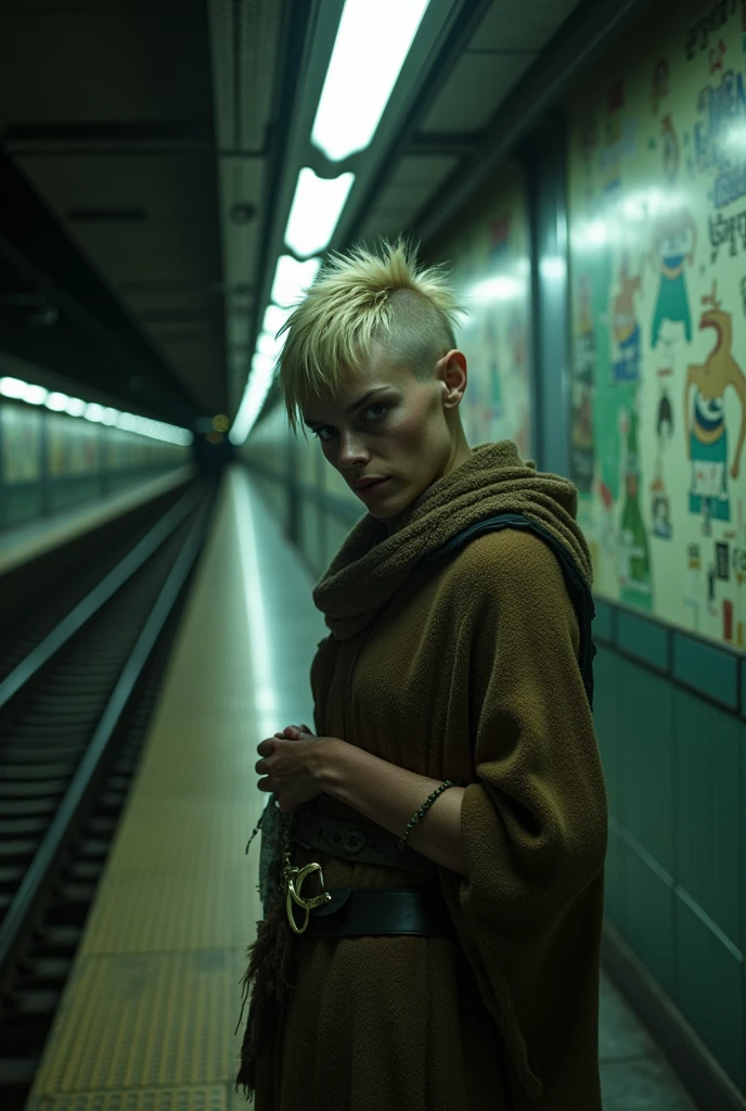 Extreme close-up view. a lone, fiercely thin nordic woman with spikey blonde asymmetrical pixie-cut hair shaved on one side stands under the cold fluorescent lights of an empty subway platform, her shoulders hunched slightly, as if weighed down by the unfamiliar surroundings. She wears a torn and moth eaten shawl wet and dripping onto the ground, her barefeet rapped in strips of fur. Her exposed ears are natural and free from any earrings or jewelry. Her warrior face is etched with weariness from battle, her lips are apart with a look of desparation in her eyes. Her bruised and scratched body is glistening with sweat. The camera angle is slightly tilted in the style of Jan de Bont, giving the scene a disorienting feel. The tracks stretch into the darkness, and the hum of the city feels distant, disconnected. She clutches a discarded metro map, unsure of where to go next. A single flickering light overhead adds to the sense of unease, while the walls reflect a faint green tint from old advertisements peeling off. 