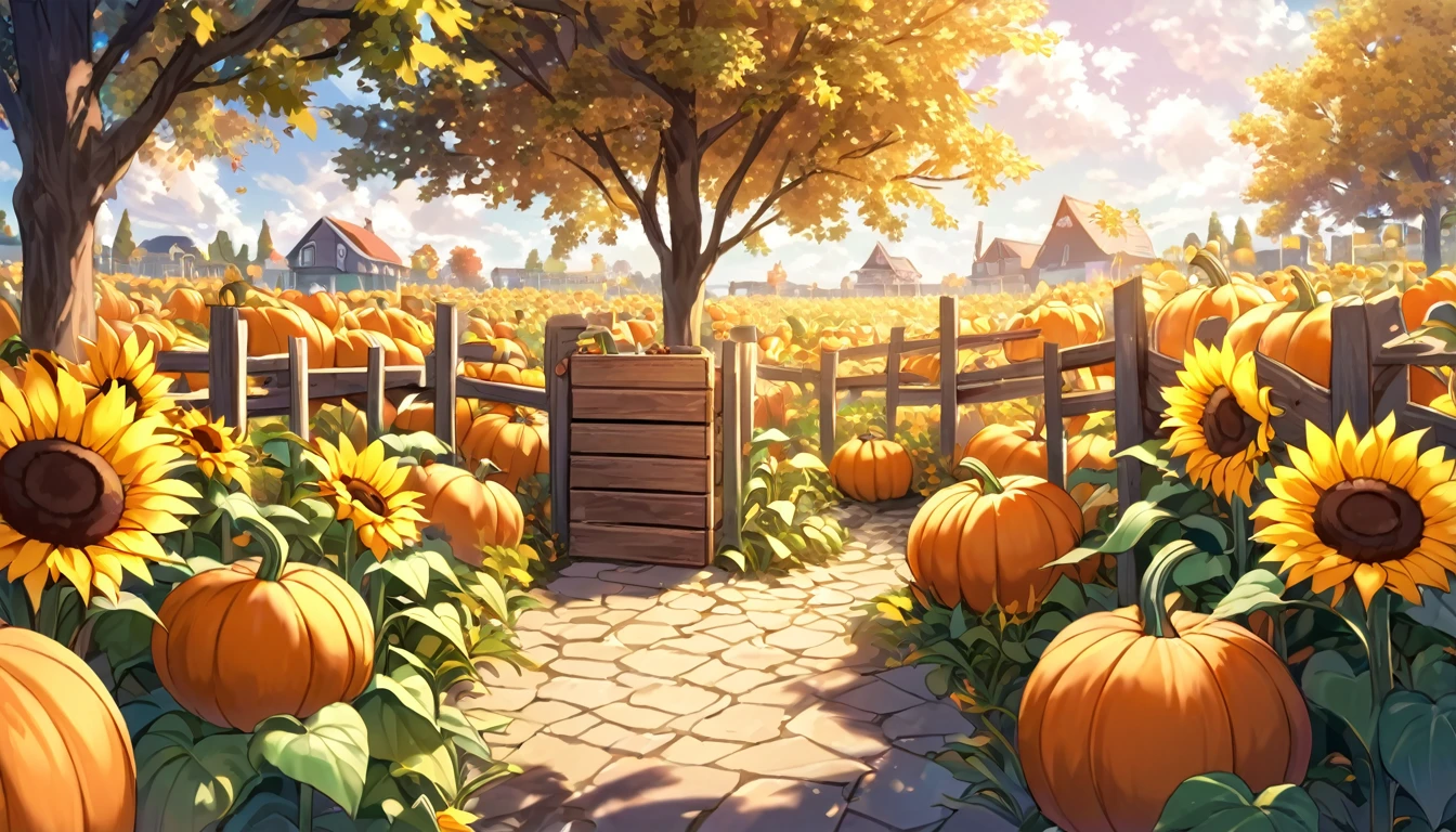 cozy autumn scene in a pumpkin patch on a sunny late afternoon. In one corner, a small, cheerful pumpkin named Pip sits with a playful expression, laughing heartily. Pip's eyes are squinting, his mouth open wide, mid-burp, looking absolutely delighted. Around Pip, a few other pumpkins, each with light, friendly faces, chuckle along with him, adding to the joyous atmosphere. In the background, a rustic wooden fence runs along the edge of the patch, with tall sunflowers standing proudly behind it, adding a bright yellow contrast to the autumnal orange tones. To the left side, a wooden signpost with various arrows points in different directions, and one arrow near Pip reads, “Pip the Pumpkin.” On the opposite side of the patch, another collection of pumpkins sits, balancing the scene. The warm colors of the pumpkins, sunflowers, and leaves, combined with soft shadows from the afternoon light, create a welcoming and playful vibe that captures the spirit of autumn and the lighthearted charm of Pip’s antics.