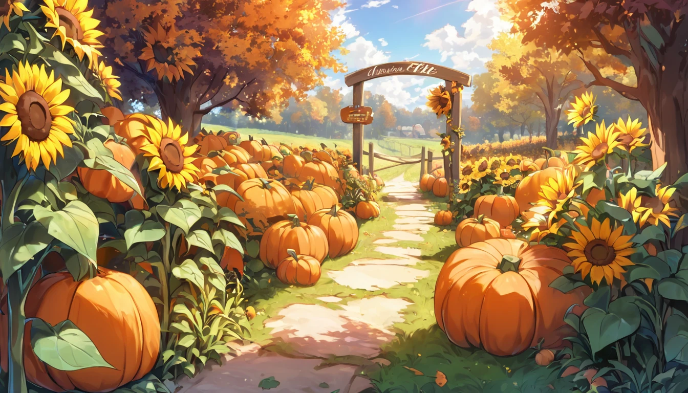 ren book ilustration. cozy autumn scene in a pumpkin patch on a sunny late afternoon. In one corner, a small, cheerful pumpkin named Pip sits with a playful expression, laughing heartily. Pip's eyes are squinting, his mouth open wide, mid-burp, looking absolutely delighted. Around Pip, a few other pumpkins, each with light, friendly faces, chuckle along with him, adding to the joyous atmosphere. In the background, a rustic wooden fence runs along the edge of the patch, with tall sunflowers standing proudly behind it, adding a bright yellow contrast to the autumnal orange tones. To the left side, a wooden signpost with various arrows points in different directions, and one arrow near Pip reads, “Pip the Pumpkin.” On the opposite side of the patch, another collection of pumpkins sits, balancing the scene. The warm colors of the pumpkins, sunflowers, and leaves, combined with soft shadows from the afternoon light, create a welcoming and playful vibe that captures the spirit of autumn and the lighthearted charm of Pip’s antics.