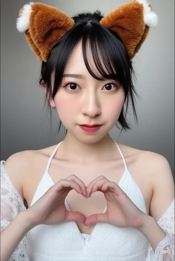 She is in a pose wearing a sexy camisole, making a firm big heart shape with both hands, and holding it in front of her chest, Cute smile up、Monotone background

