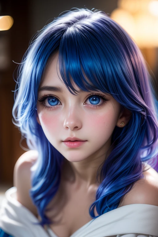 "A hyper-realistic, 8K resolution portrait of a young woman in a Yoshino astral dress, captured with an Arri Alexa LF and Zeiss Master Prime 50mm lens at f/1.4. She has long, blue hair cascading between her eyes, fair skin, and large, bright blue eyes, with an embarrassed, blushing expression. Utilize three-point lighting to accentuate her natural cheeks, soft lips, and perfect facial symmetry, inspired by Annie Leibovitz's couture portraits. The off-the-shoulder neckline and visible features should be intricately detailed, with a shallow depth of field to create a cinematic bokeh effect."