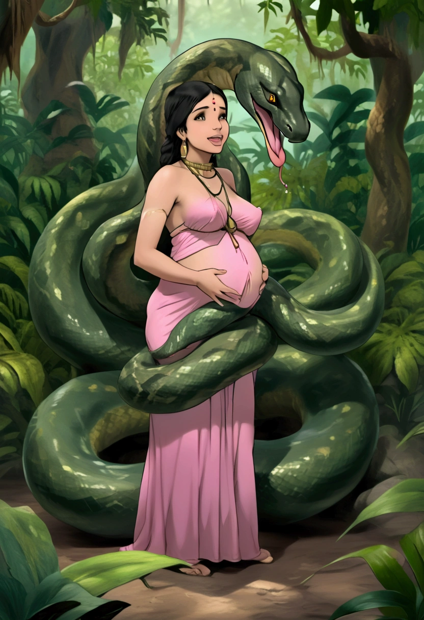 Pregnant topless smiling Happy Horny, aroused 1girl), beautiful  indian young teen girl  Shanti wearing pink loin cloth with  giant colossal Green Kaa monster squeezing her hard, wrapped in thick spiraling coils, constricted, struggle, gasping for air, snake attack, snake peril, best quality wet nsfw mating raw uncensored nsfw snake tongue kissing kissing a snake