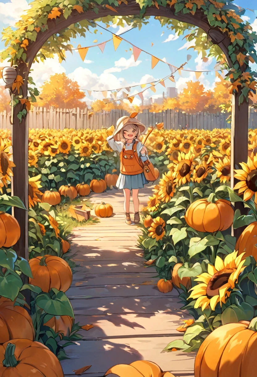 cozy autumn scene in a pumpkin patch on a sunny late afternoon. In one corner, a small, cheerful pumpkin named Pip sits with a playful expression, laughing heartily. Pip's eyes are squinting, his mouth open wide, mid-burp, looking absolutely delighted. Around Pip, a few other pumpkins, each with light, friendly faces, chuckle along with him, adding to the joyous atmosphere. In the background, a rustic wooden fence runs along the edge of the patch, with tall sunflowers standing proudly behind it, adding a bright yellow contrast to the autumnal orange tones. To the left side, a wooden signpost with various arrows points in different directions, and one arrow near Pip reads, “Pip the Pumpkin.” On the opposite side of the patch, another collection of pumpkins sits, balancing the scene. The warm colors of the pumpkins, sunflowers, and leaves, combined with soft shadows from the afternoon light, create a welcoming and playful vibe that captures the spirit of autumn and the lighthearted charm of Pip’s antics.