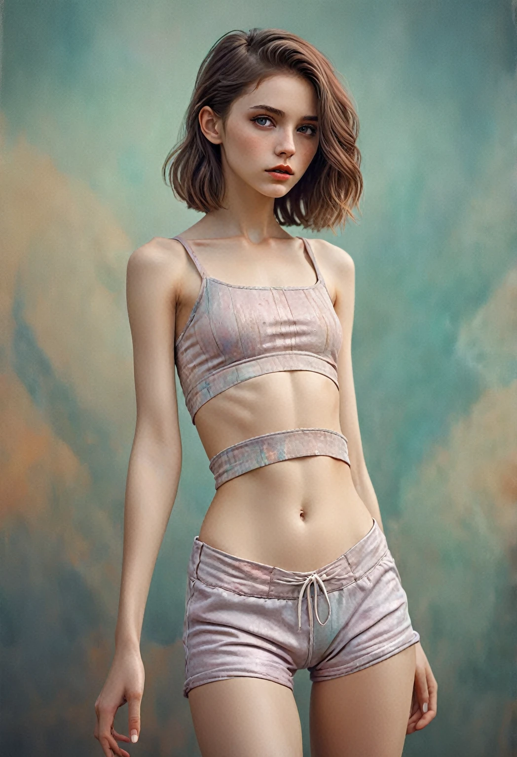 (Cinematic photo:1.3) From (Thigh-length photos:1.3),(skinny:1.3) ((CROPTOP, NAVEL)) Beautiful  girl, (complex brown hair), Highly detailed texture кожи, realistic texture кожи, looks straight into the camera, (looks at the viewer) ), pout, , Shine, Dramatic, Dreamy, pastelный цветочный сад, elegant, strange, gentle, Highly detailed, difficult, UHD Digital Photography, Fantasy theme, skinny shoulders, Photo to the knees , beautiful young girl, big, Beautiful body, highly detailed full-length shot, Dreamy, pastel, watercolor, strange, gentle, detailed hair band, Highly detailed texture, realistic texture, digital painting, highly detailed photo, (art deco: 1 .хFromоралFromм:1.3),(Classic realotm:1.3),(Fujifilm Superia:1.3),, golden hour light,