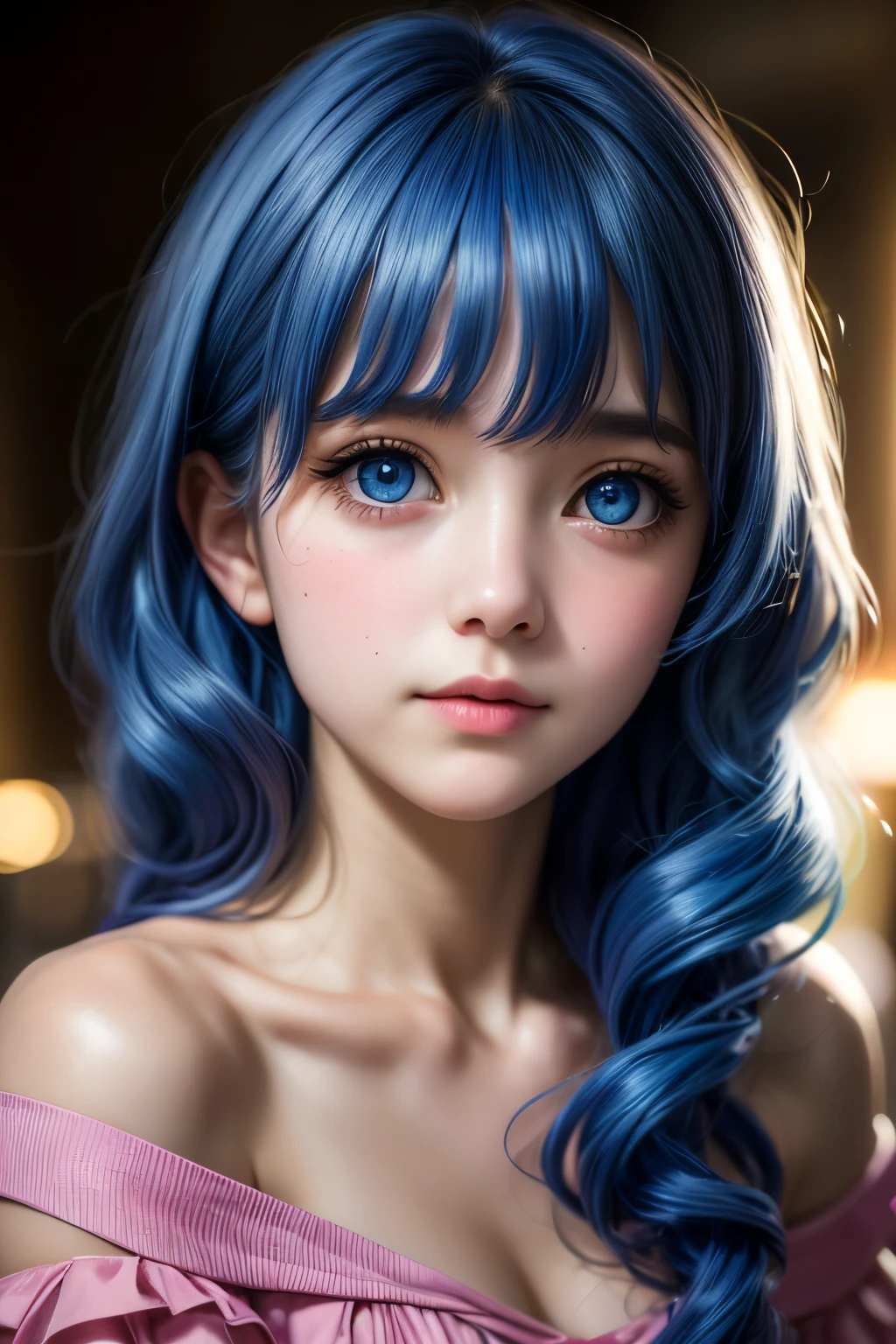 "A hyper-realistic, 8K resolution portrait of a young woman in a Yoshino astral dress, captured with an Arri Alexa LF and Zeiss Master Prime 50mm lens at f/1.4. She has long, blue hair cascading between her eyes, fair skin, and large, bright blue eyes, with an embarrassed, blushing expression. Utilize three-point lighting to accentuate her natural cheeks, soft lips, and perfect facial symmetry, inspired by Annie Leibovitz's couture portraits. The off-the-shoulder neckline and visible features should be intricately detailed, with a shallow depth of field to create a cinematic bokeh effect."