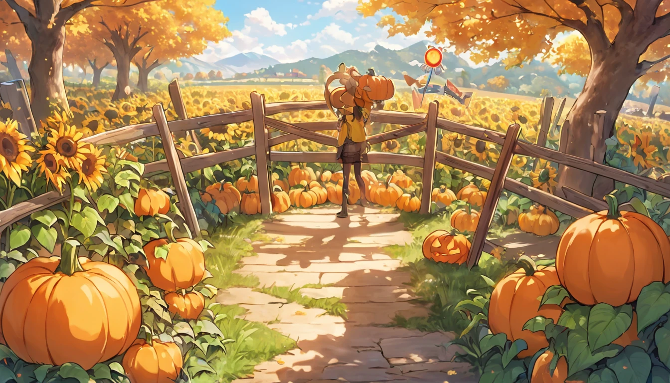 ren book ilustratio. cozy autumn scene in a pumpkin patch on a sunny late afternoon. In one corner, a small, cheerful pumpkin named Pip sits with a playful expression, laughing heartily. Pip's eyes are squinting, his mouth open wide, mid-burp, looking absolutely delighted. Around Pip, a few other pumpkins, each with light, friendly faces, chuckle along with him, adding to the joyous atmosphere. In the background, a rustic wooden fence runs along the edge of the patch, with tall sunflowers standing proudly behind it, adding a bright yellow contrast to the autumnal orange tones. To the left side, a wooden signpost with various arrows points in different directions, and one arrow near Pip reads, “Pip the Pumpkin.” On the opposite side of the patch, another collection of pumpkins sits, balancing the scene. The warm colors of the pumpkins, sunflowers, and leaves, combined with soft shadows from the afternoon light, create a welcoming and playful vibe that captures the spirit of autumn and the lighthearted charm of Pip’s antics.