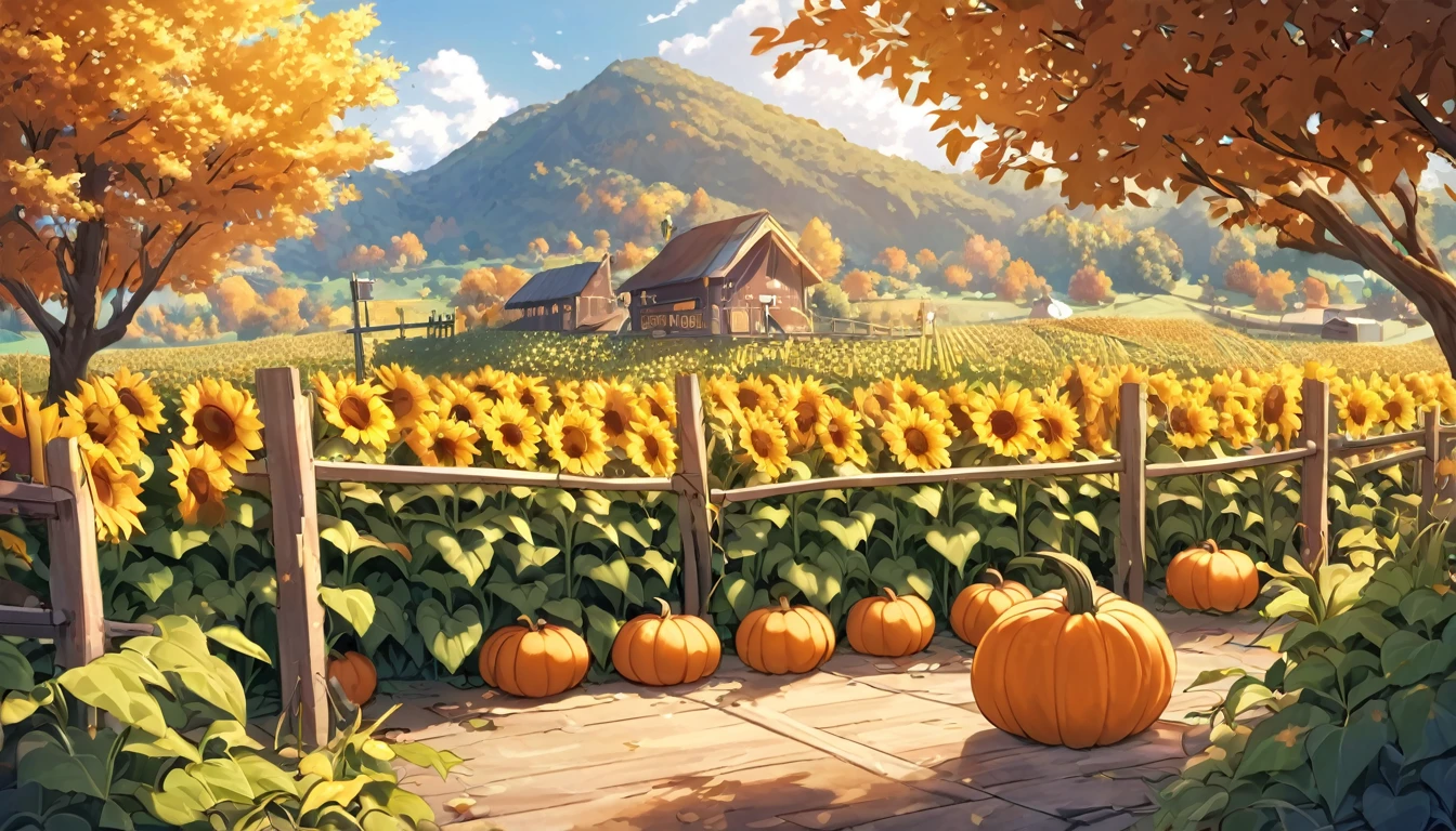 cozy autumn scene in a pumpkin patch on a sunny late afternoon. In one corner, a small, cheerful pumpkin named Pip sits with a playful expression, laughing heartily. Pip's eyes are squinting, his mouth open wide, mid-burp, looking absolutely delighted. Around Pip, a few other pumpkins, each with light, friendly faces, chuckle along with him, adding to the joyous atmosphere. In the background, a rustic wooden fence runs along the edge of the patch, with tall sunflowers standing proudly behind it, adding a bright yellow contrast to the autumnal orange tones. To the left side, a wooden signpost with various arrows points in different directions, and one arrow near Pip reads, “Pip the Pumpkin.” On the opposite side of the patch, another collection of pumpkins sits, balancing the scene. The warm colors of the pumpkins, sunflowers, and leaves, combined with soft shadows from the afternoon light, create a welcoming and playful vibe that captures the spirit of autumn and the lighthearted charm of Pip’s antics.