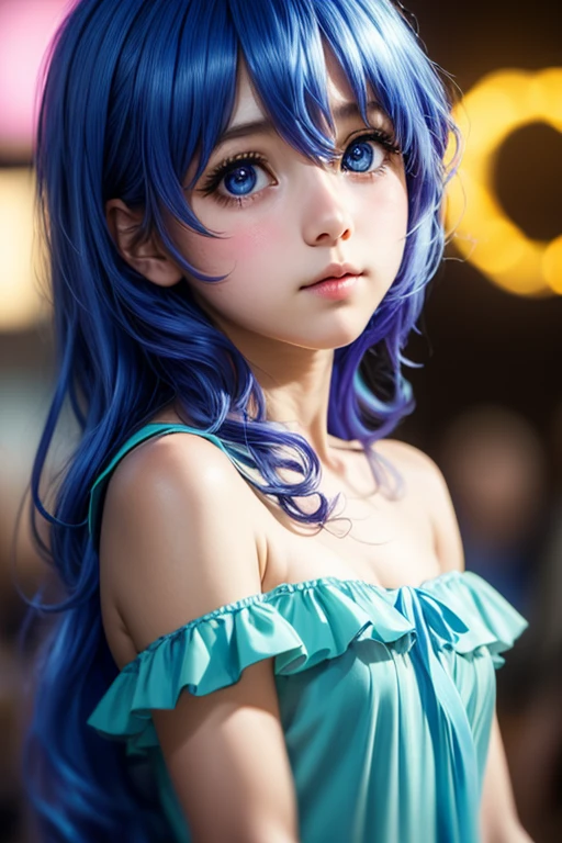 "A hyper-realistic, 8K resolution portrait of a young woman in a Yoshino astral dress, captured with an Arri Alexa LF and Zeiss Master Prime 50mm lens at f/1.4. She has long, blue hair cascading between her eyes, fair skin, and large, bright blue eyes, with an embarrassed, blushing expression. Utilize three-point lighting to accentuate her natural cheeks, soft lips, and perfect facial symmetry, inspired by Annie Leibovitz's couture portraits. The off-the-shoulder neckline and visible features should be intricately detailed, with a shallow depth of field to create a cinematic bokeh effect."