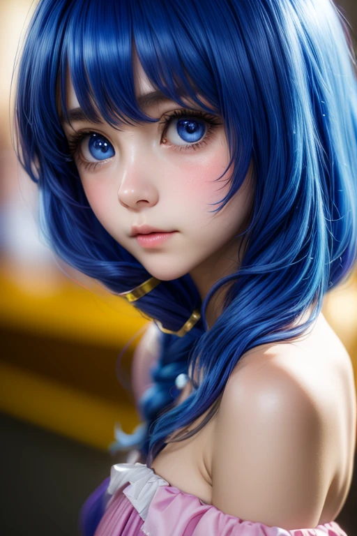 "A hyper-realistic, 8K resolution portrait of a young woman in a Yoshino astral dress, captured with an Arri Alexa LF and Zeiss Master Prime 50mm lens at f/1.4. She has long, blue hair cascading between her eyes, fair skin, and large, bright blue eyes, with an embarrassed, blushing expression. Utilize three-point lighting to accentuate her natural cheeks, soft lips, and perfect facial symmetry, inspired by Annie Leibovitz's couture portraits. The off-the-shoulder neckline and visible features should be intricately detailed, with a shallow depth of field to create a cinematic bokeh effect."