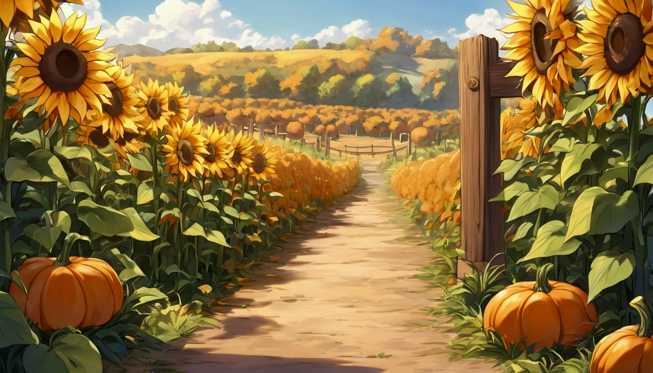 cozy autumn scene in a pumpkin patch on a sunny late afternoon. In one corner, a small, cheerful pumpkin named Pip sits with a playful expression, laughing heartily. Pip's eyes are squinting, his mouth open wide, mid-burp, looking absolutely delighted. Around Pip, a few other pumpkins, each with light, friendly faces, chuckle along with him, adding to the joyous atmosphere. In the background, a rustic wooden fence runs along the edge of the patch, with tall sunflowers standing proudly behind it, adding a bright yellow contrast to the autumnal orange tones. To the left side, a wooden signpost with various arrows points in different directions, and one arrow near Pip reads, “Pip the Pumpkin.” On the opposite side of the patch, another collection of pumpkins sits, balancing the scene. The warm colors of the pumpkins, sunflowers, and leaves, combined with soft shadows from the afternoon light, create a welcoming and playful vibe that captures the spirit of autumn and the lighthearted charm of Pip’s antics.