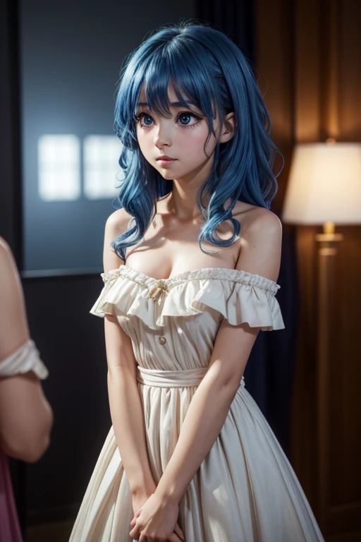 "A hyper-realistic, 8K resolution portrait of a young woman in a Yoshino astral dress, captured with an Arri Alexa LF and Zeiss Master Prime 50mm lens at f/1.4. She has long, blue hair cascading between her eyes, fair skin, and large, bright blue eyes, with an embarrassed, blushing expression. Utilize three-point lighting to accentuate her natural cheeks, soft lips, and perfect facial symmetry, inspired by Annie Leibovitz's couture portraits. The off-the-shoulder neckline and visible features should be intricately detailed, with a shallow depth of field to create a cinematic bokeh effect."