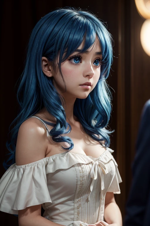 "A hyper-realistic, 8K resolution portrait of a young woman in a Yoshino astral dress, captured with an Arri Alexa LF and Zeiss Master Prime 50mm lens at f/1.4. She has long, blue hair cascading between her eyes, fair skin, and large, bright blue eyes, with an embarrassed, blushing expression. Utilize three-point lighting to accentuate her natural cheeks, soft lips, and perfect facial symmetry, inspired by Annie Leibovitz's couture portraits. The off-the-shoulder neckline and visible features should be intricately detailed, with a shallow depth of field to create a cinematic bokeh effect."