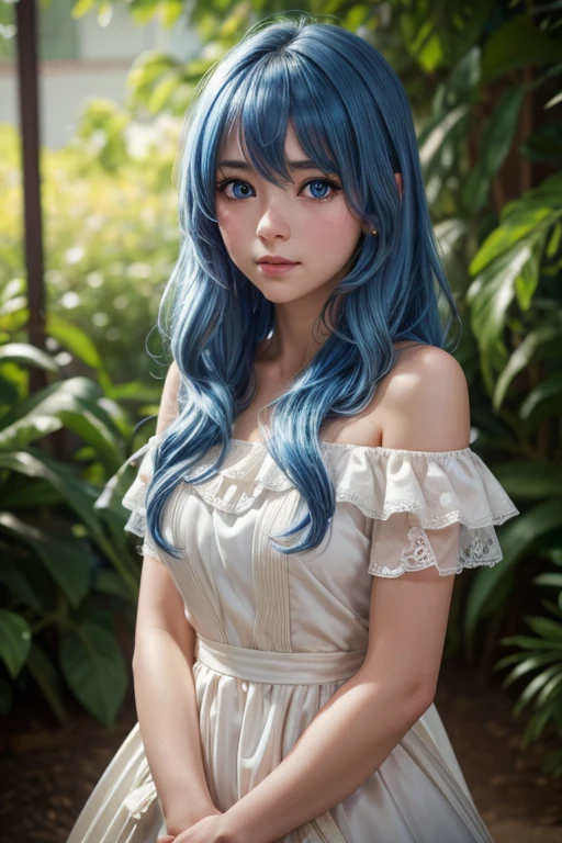 "A hyper-realistic, 8K resolution portrait of a young woman in a Yoshino astral dress, captured with an Arri Alexa LF and Zeiss Master Prime 50mm lens at f/1.4. She has long, blue hair cascading between her eyes, fair skin, and large, bright blue eyes, with an embarrassed, blushing expression. Utilize three-point lighting to accentuate her natural cheeks, soft lips, and perfect facial symmetry, inspired by Annie Leibovitz's couture portraits. The off-the-shoulder neckline and visible features should be intricately detailed, with a shallow depth of field to create a cinematic bokeh effect."