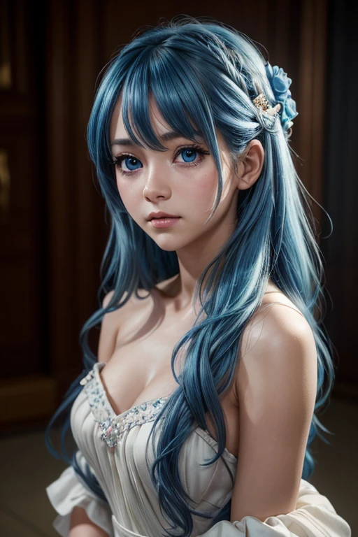 "A hyper-realistic, 8K resolution portrait of a young woman in a Yoshino astral dress, captured with an Arri Alexa LF and Zeiss Master Prime 50mm lens at f/1.4. She has long, blue hair cascading between her eyes, fair skin, and large, bright blue eyes, with an embarrassed, blushing expression. Utilize three-point lighting to accentuate her natural cheeks, soft lips, and perfect facial symmetry, inspired by Annie Leibovitz's couture portraits. The off-the-shoulder neckline and visible features should be intricately detailed, with a shallow depth of field to create a cinematic bokeh effect."