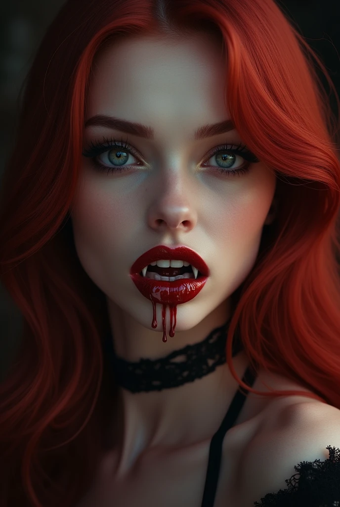1girl, High Resolution, Looking at viewer, Smile, Red Eyes, Very Long Hair, Ponytail, Fang, Masterpiece, Accurate, Anatomically Correct, Best Quality, Detail, Red Hair, Hair Over One Eye, Large breasts, Smile, Open Mouth, Red Eyes, Fang, Makeup, Fangs, Drooling blood,Red Lips, Fang Out, Evil Smile, Seductive Smile, Wide Shot, 