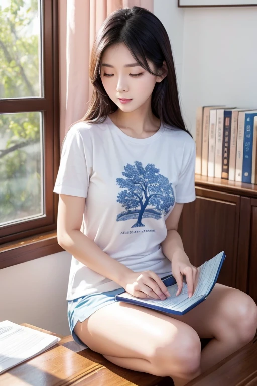 A beautiful Asian woman in white and blue cool t-shirt is using iPen to write something on the pink case iPad. There were a lot of very high stacks of documents and books behind her. Cozy room with cute pictures of trees on the wall, pastel tones, window, curtain.