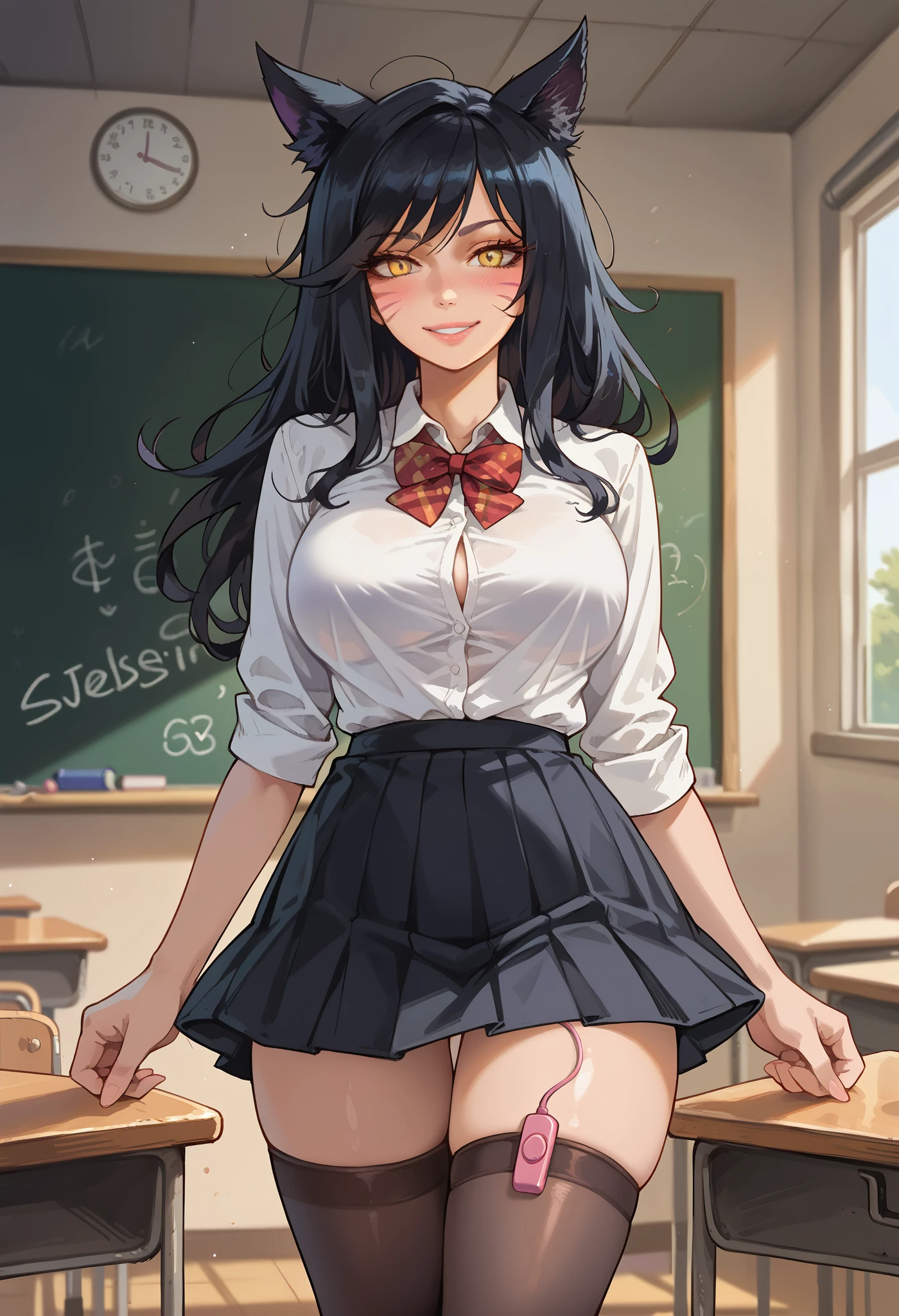 masterpiece, best quality, ultra-detailed, illustration, colorful, flat color, depth of field, 1girl, ahri, anime, standing, black hair, messy hair, yellow eyes, fox ears, looking at viewer, school, classroom, blackboard, facial mark, white blouse, black skirt, black pantyhose, teacher, thighhighs, detailed skin texture, detailed cloth texture, beautiful detailed face, large breasts, blush, seductive smile, vibrator wires from under skirt