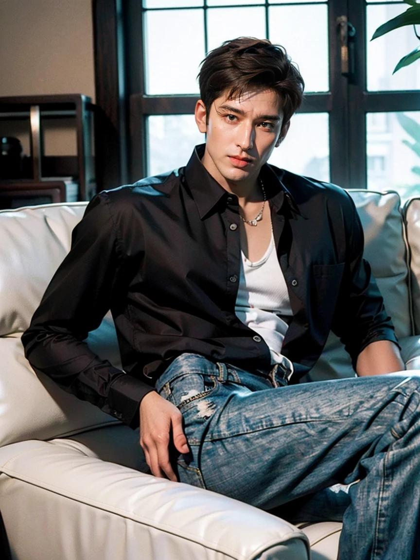 photography, masterpiece, best quality, 8k, highres, A Yung man，20 years old，Height 190cm,Tall model figure,(The most handsome man in the world)，(((brown hair))) , (asian man:2) ,(black eyes),  ((Korean man)), (((Asian Men))),handsome, with a sexy body, He poses handsomely，He is a Korean idol，((half body to knees shot))，(digital photography,realistic,Photorealistic,Photoreal) ,(bestquality), (top-quality), (high-level image quality), (macular man),(dark skin:1.8),(macular man),((Alone)) ,(long pants),Korean Fashion,((complete clothes))，(((buttoned shirt))),(((buttoned shirt))), shirt,( long Pants)，long sleeve shirt,trousers, shirt ，oversized，belt, short hair， Special Design shirt ，Fashion shirt ,Black and White Dress , handsomely pose,denim trousers, sitting on sofa 