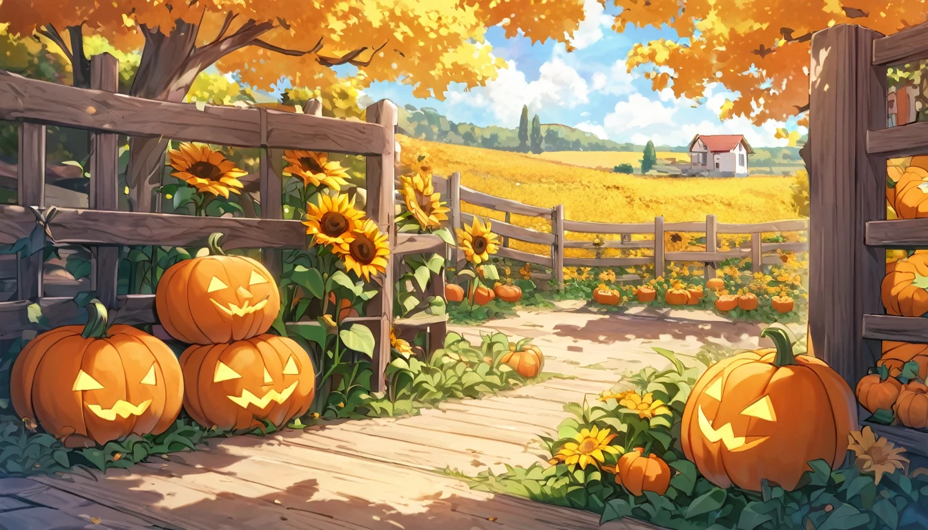 Autumn view of some fallen and cozy flowers in a pumpkin patch on a sunny afternoon. In one corner, a cheerful little pumpkin named Pip sat with a playful expression while laughing heartily. Pip's eyes narrowed, his mouth opened wide, burping, looking very happy. Around Pip, several other pumpkins, each with a friendly and cheerful face, laughed with him, adding to the joy of the atmosphere. In the background, a rustic wooden fence runs along the edge of the plot, with tall sunflowers standing proudly behind it, adding a bright yellow contrast to the autumnal orange. On the left side, there is a wooden sign with various arrows pointing in different directions, and one of the arrows near Pip says, “Pip the Pumpkin.” Across the plot, there is another collection of pumpkins, balancing the view. The warm colors of pumpkins, sunflowers and leaves, combined with the soft shadows of the afternoon light, create a welcoming and cheerful atmosphere that reflects the spirit of autumn and the cheerful charm of Pip's antics.