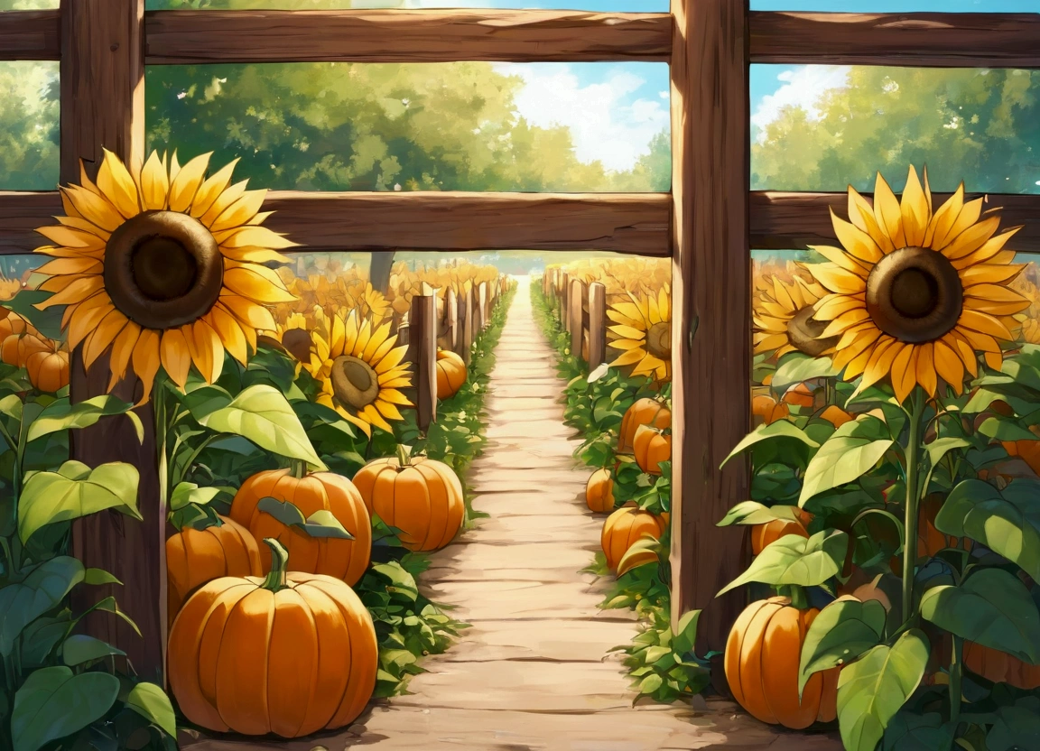 ilustrasi buku anak-anak. cozy autumn scene in a pumpkin patch on a sunny late afternoon. In one corner, a small, cheerful pumpkin named Pip sits with a playful expression, laughing heartily. Pip's eyes are squinting, his mouth open wide, mid-burp, looking absolutely delighted. Around Pip, a few other pumpkins, each with light, friendly faces, chuckle along with him, adding to the joyous atmosphere. In the background, a rustic wooden fence runs along the edge of the patch, with tall sunflowers standing proudly behind it, adding a bright yellow contrast to the autumnal orange tones. To the left side, a wooden signpost with various arrows points in different directions, and one arrow near Pip reads, “Pip the Pumpkin.” On the opposite side of the patch, another collection of pumpkins sits, balancing the scene. The warm colors of the pumpkins, sunflowers, and leaves, combined with soft shadows from the afternoon light, create a welcoming and playful vibe that captures the spirit of autumn and the lighthearted charm of Pip’s antics.