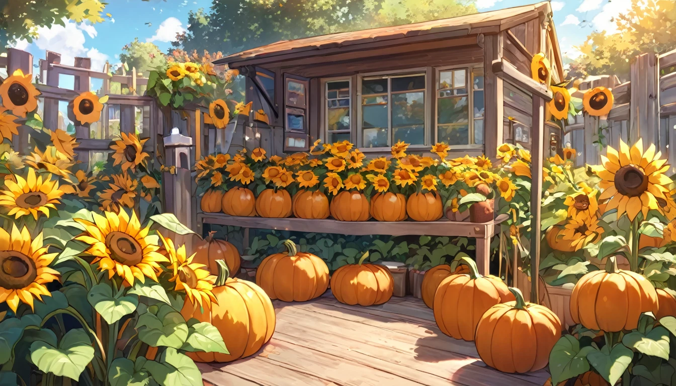 cozy autumn scene in a pumpkin patch on a sunny late afternoon. In one corner, a small, cheerful pumpkin named Pip sits with a playful expression, laughing heartily. Pip's eyes are squinting, his mouth open wide, mid-burp, looking absolutely delighted. Around Pip, a few other pumpkins, each with light, friendly faces, chuckle along with him, adding to the joyous atmosphere. In the background, a rustic wooden fence runs along the edge of the patch, with tall sunflowers standing proudly behind it, adding a bright yellow contrast to the autumnal orange tones. To the left side, a wooden signpost with various arrows points in different directions, and one arrow near Pip reads, “Pip the Pumpkin.” On the opposite side of the patch, another collection of pumpkins sits, balancing the scene. The warm colors of the pumpkins, sunflowers, and leaves, combined with soft shadows from the afternoon light, create a welcoming and playful vibe that captures the spirit of autumn and the lighthearted charm of Pip’s antics.