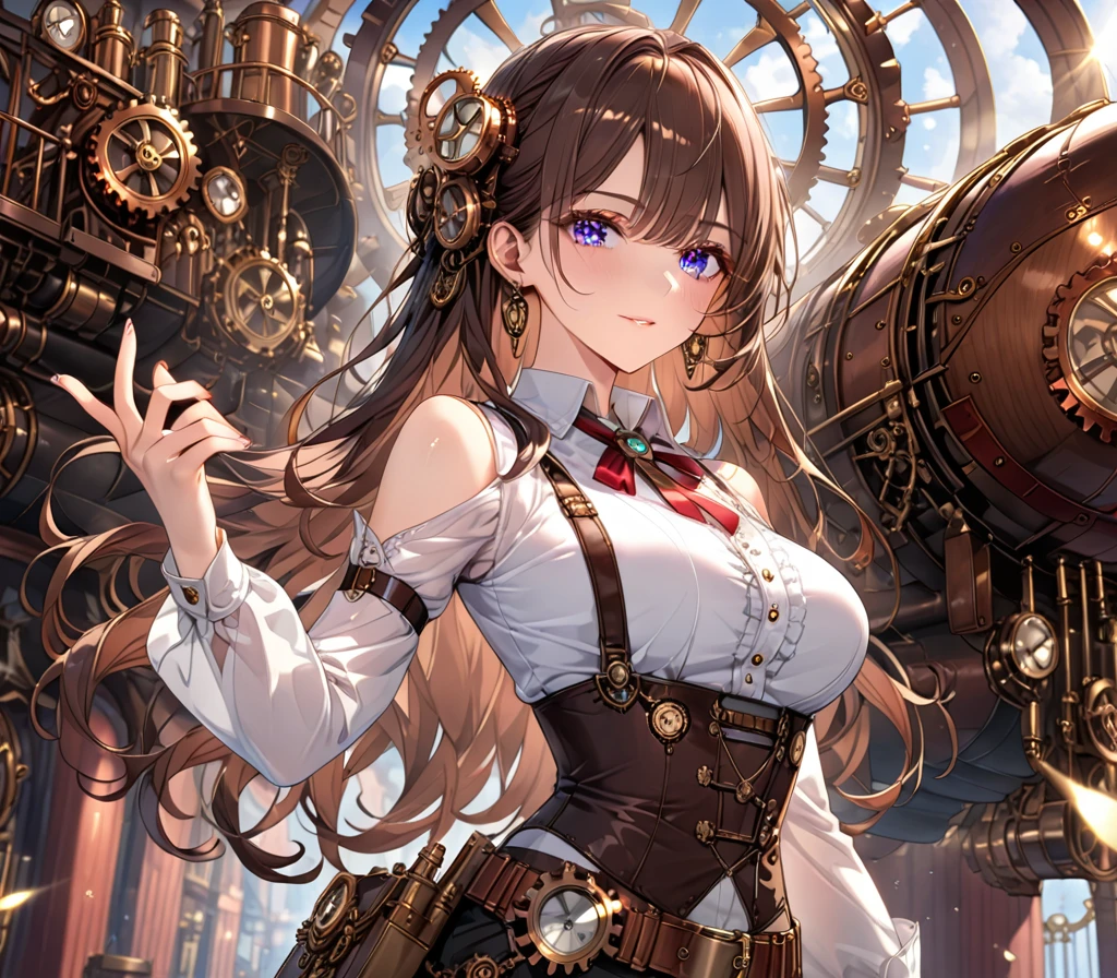 (steampunk theme:1.3), focus on upper body, A beautiful brown-haired woman who works as an airship engineer in a city where steampunk is popular, wearing a collared shirt and cargo pants, steam, airship, engineer, high resolution, ultra-detailed 64K CG, best quality, extremely shiny skin, beautiful detailed face, beautiful detailed eyes, perfect anatomy, perfect toes, perfect arms, perfect fingers, perfect legs, extremely detailed background, Glitter effect, lens flare, chromatic aberration, movie light effect, fluorescence, reflected light, ray tracing