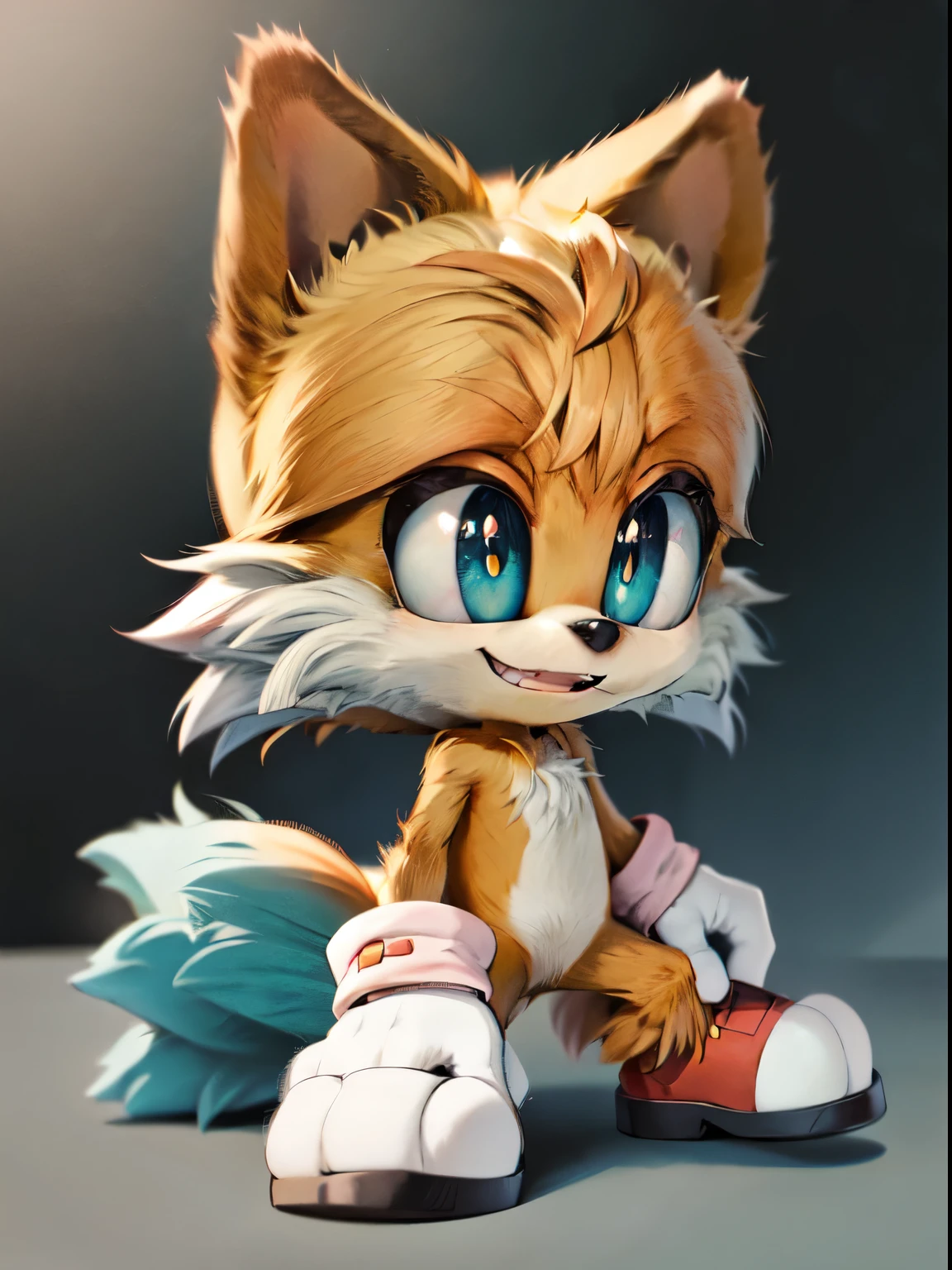 best quality,high quality, tails_prower,bright blue sclera,black pupils,smiling, green hill, cute, chibi