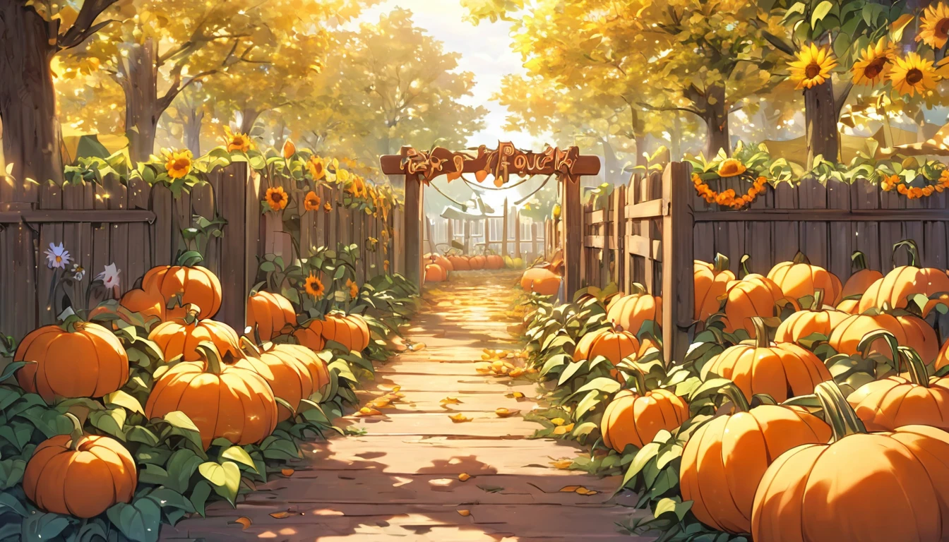 cozy autumn scene in a pumpkin patch on a sunny late afternoon. In one corner, a small, cheerful pumpkin named Pip sits with a playful expression, laughing heartily. Pip's eyes are squinting, his mouth open wide, mid-burp, looking absolutely delighted. Around Pip, a few other pumpkins, each with light, friendly faces, chuckle along with him, adding to the joyous atmosphere. In the background, a rustic wooden fence runs along the edge of the patch, with tall sunflowers standing proudly behind it, adding a bright yellow contrast to the autumnal orange tones. To the left side, a wooden signpost with various arrows points in different directions, and one arrow near Pip reads, “Pip the Pumpkin.” On the opposite side of the patch, another collection of pumpkins sits, balancing the scene. The warm colors of the pumpkins, sunflowers, and leaves, combined with soft shadows from the afternoon light, create a welcoming and playful vibe that captures the spirit of autumn and the lighthearted charm of Pip’s antics.