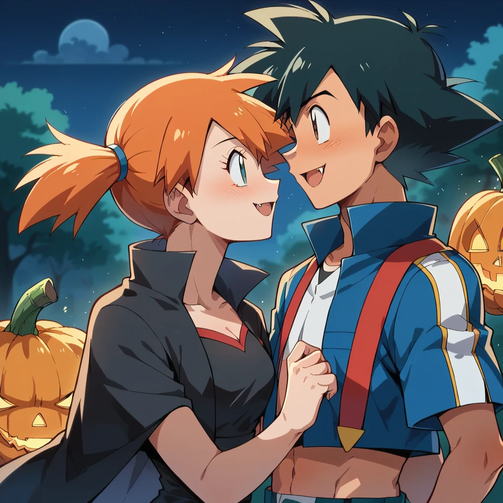 1boy, ash ketchum, black hair, brown eyes, hair between eyes, black vampire suit, handsome boy, macho, good looking boy 1girl, misty \(pokemon\), orange hair, side ponytail, black witch costume photograph of a 18 years couple, they're showing off their love and affection for each other, celebrating halloween, at night, terroriffic night, they look so happy